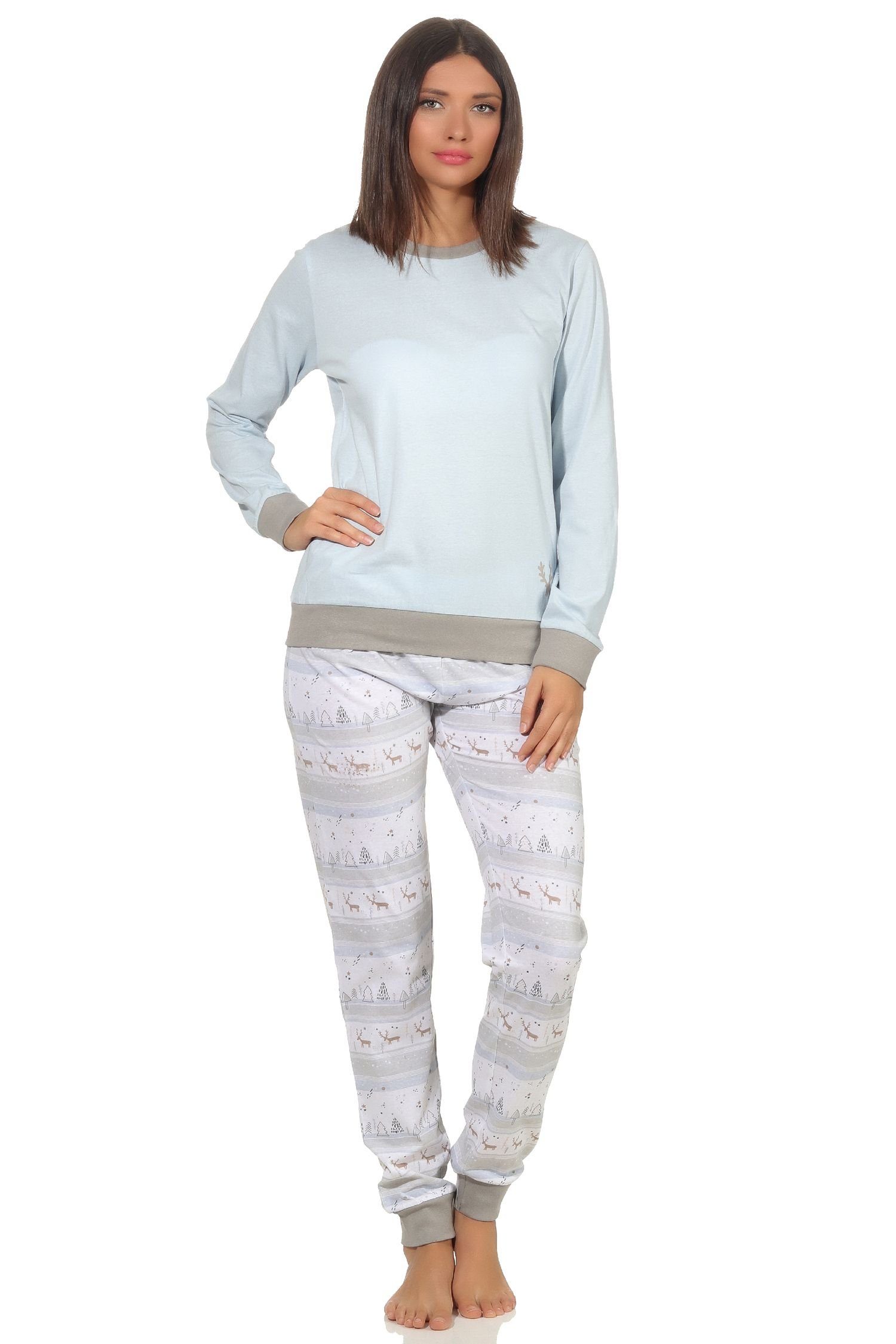 Normann Pyjama Damen Schlafanzug mit Renntiermotiv langarm mit Weihnachtsmotiv