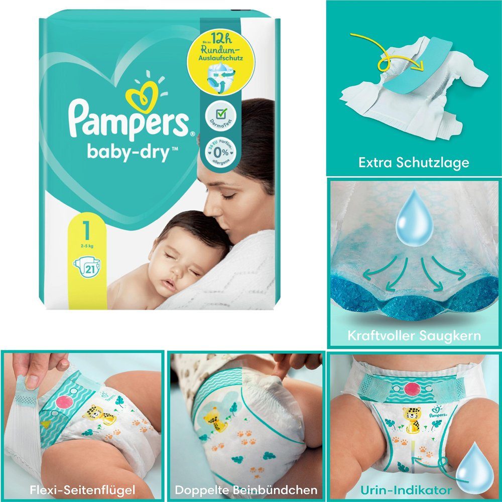 Pampers Windeln Baby-Dry Größe 1, 21 Windeln, bis zu 12 Stunden Schutz, 2kg-5kg (21-St), Marktführer | Windeln