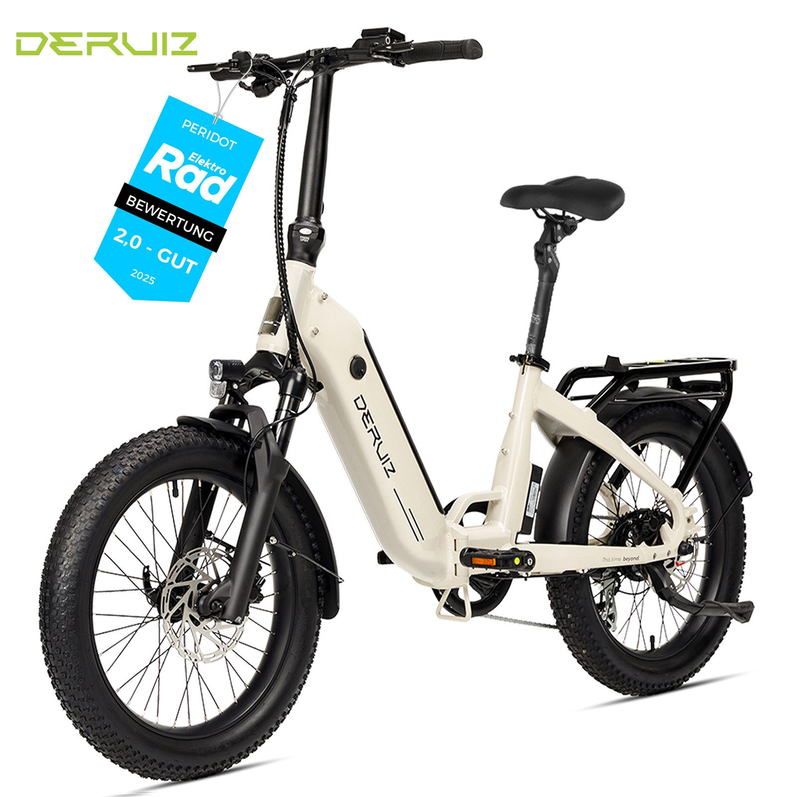 DERUIZ E-Bike Klapprad Peridot 20 Zoll, 55-Nm-Heckmotor, 500 Wh, bis 140 km, 8 Gang SHIMANO SHIMANO ALTUS 11-32T Schaltwerk, Kettenschaltung, Heckmotor, 500 Wh, (mit Akku-Ladegerät, mit Werkzeug), 60-mm-SUNTOUR-Federgabel, Federsattelstütze, 3,0-Zoll-Reifen