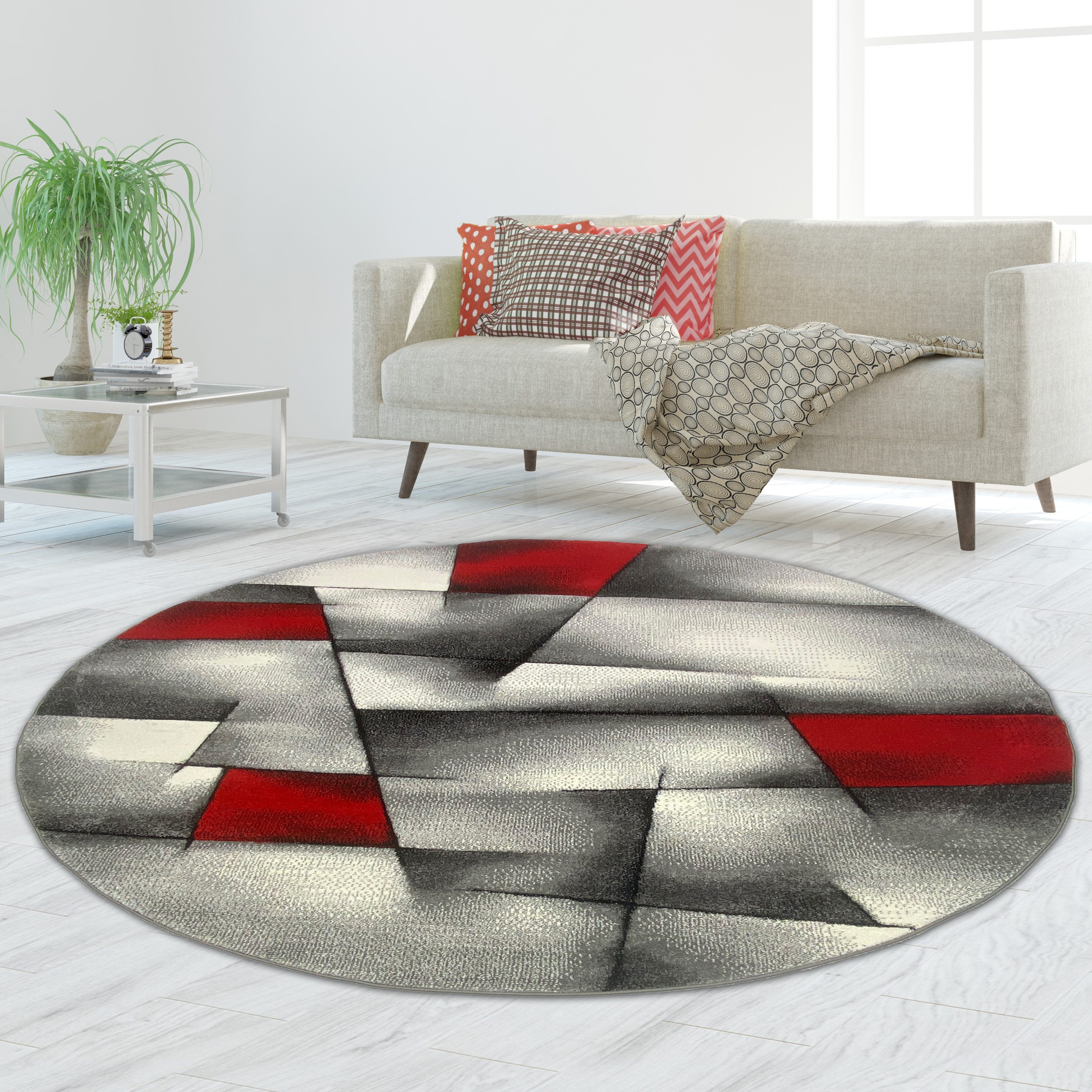 TeppichHome24 Teppich Designer Teppich mit Konturenschnitt Karo Muster Rot Grau Weiß Schwarz, rund