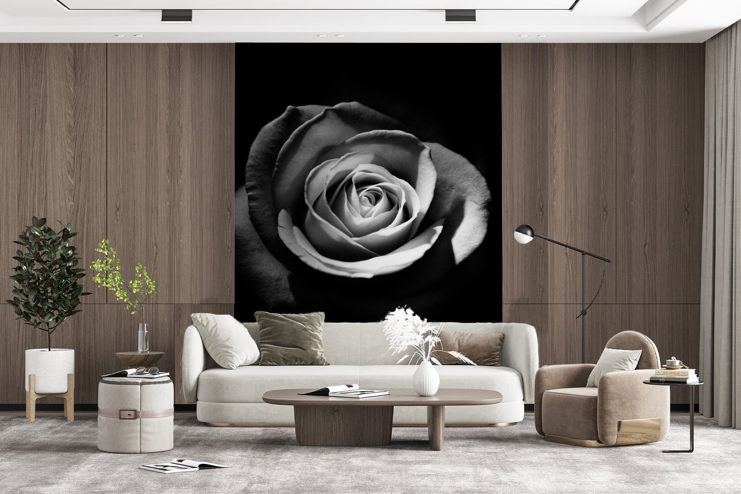 MuchoWow Fototapete Blumen - Vinyl Tapete St), Schwarz Wohnzimmer, Matt, Botanisch, Wandtapete - Weiß Montagefertig - Rose bedruckt, - für (4