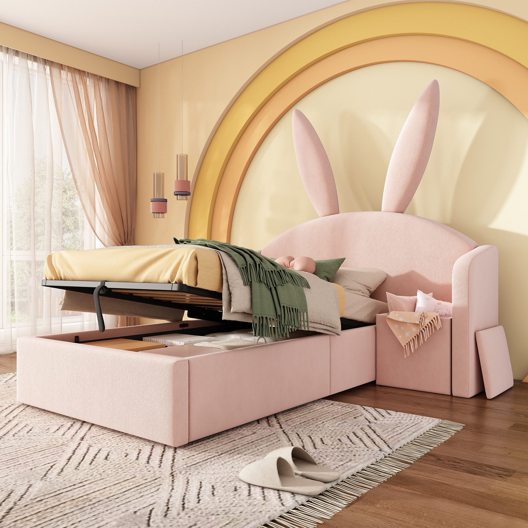 Flieks Polsterbett, Hydraulisches Kinderbett 90×190cm mit Hasenohren-Kopfteil & Nachttisch