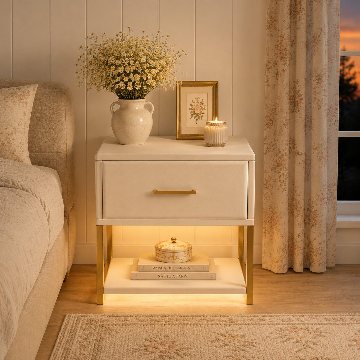 Simurq Nachttisch Nachtschrank 2er Set mit LED Beleuchtung Samt Beige (Set aus 2 Stück, 2-St., 2er Set Nachtschränke), RGB-LED-Beleuchtung, Samtoberfläche, 2er Set