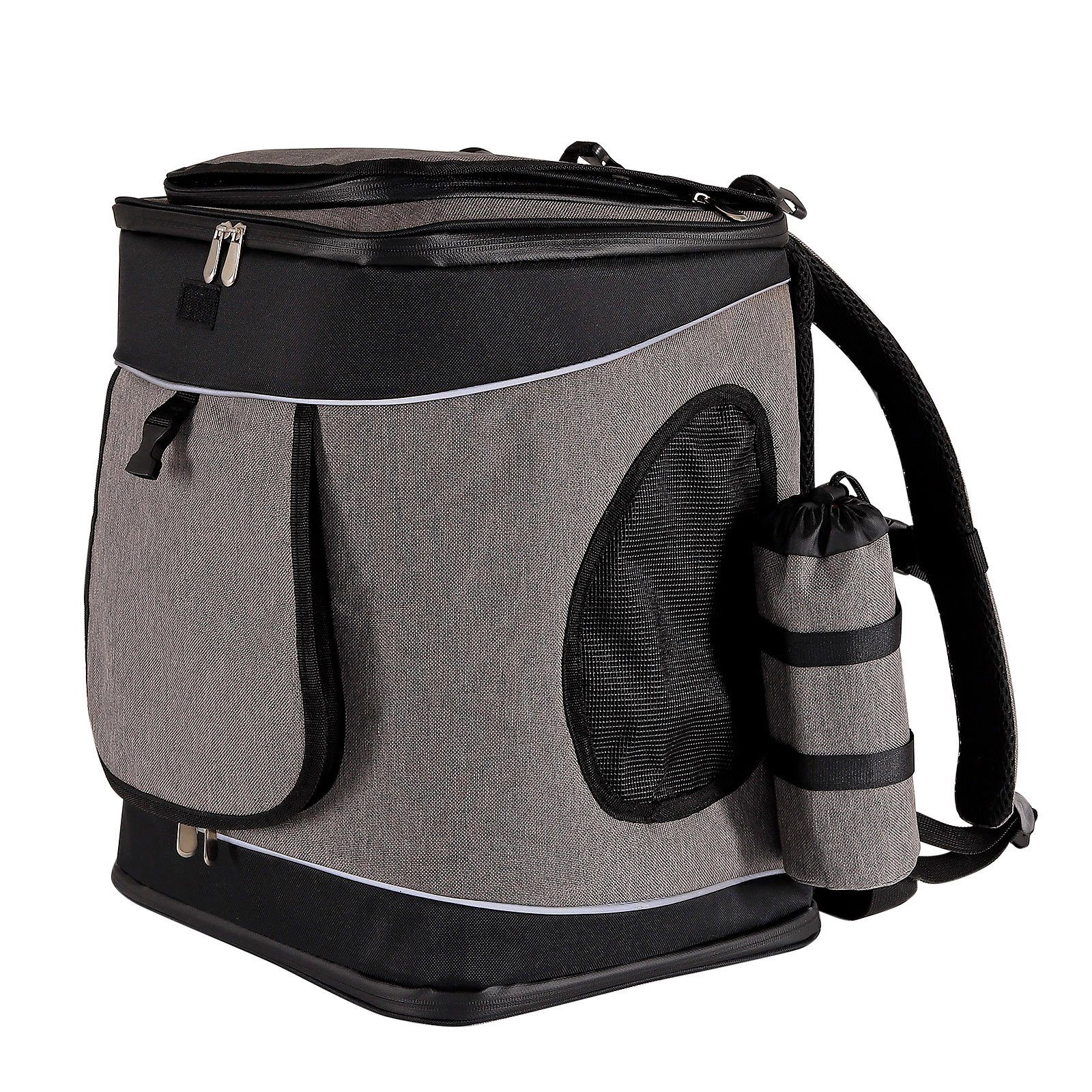 lionto Tiertransporttasche Haustier-Rucksack für Hunde & Katzen bis 14 kg, 34 cm x 30 cm x 42 cm, grau/schwarz