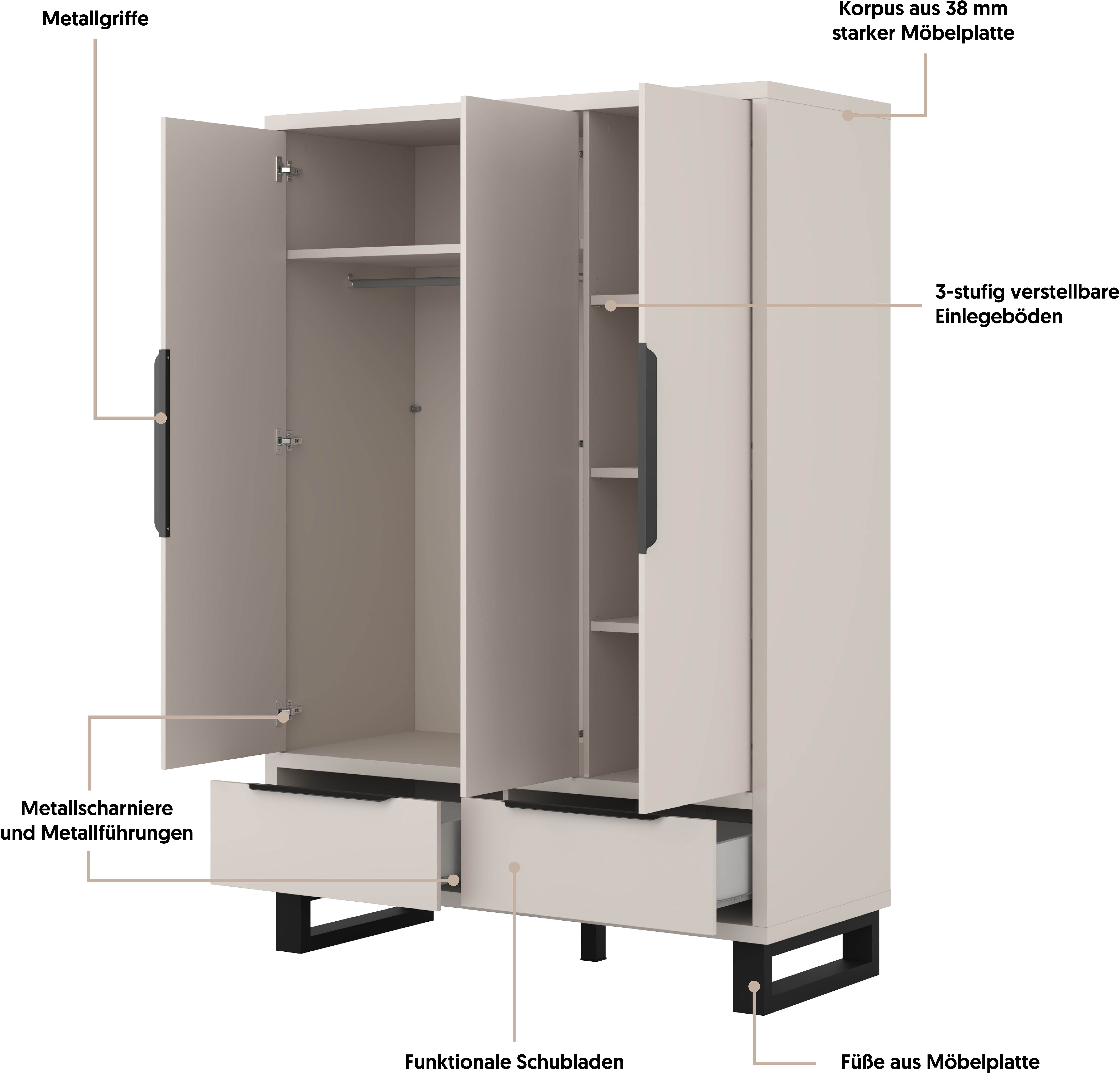 Home affaire Drehtürenschrank Bronne,Breite 145 cm, Kleiderschrank inclusive Innenausstattung Kleiderschrank, 2 Schubkästen, Metallgriffe, Garderobe – Bild 3 von 5
