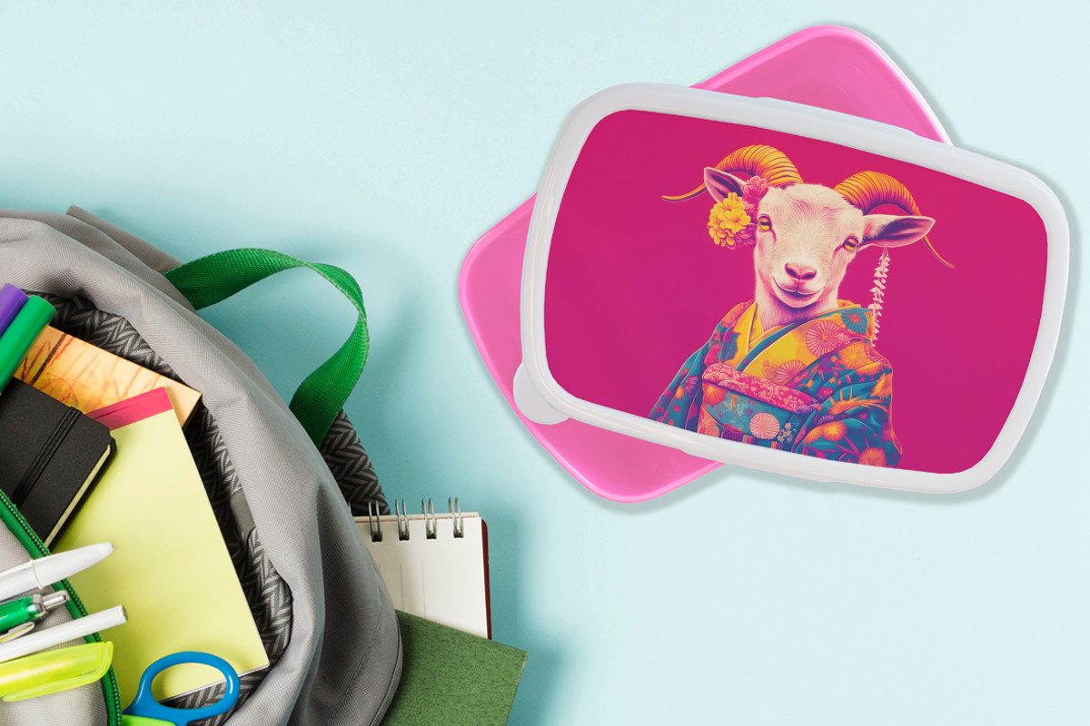 MuchoWow Lunchbox Ziege - Hörner - Kimono - Farbenfroh, Kunststoff, (2-tlg), Brotdosen, Lunch Box, Brotbox für Kinder und Erwachsene