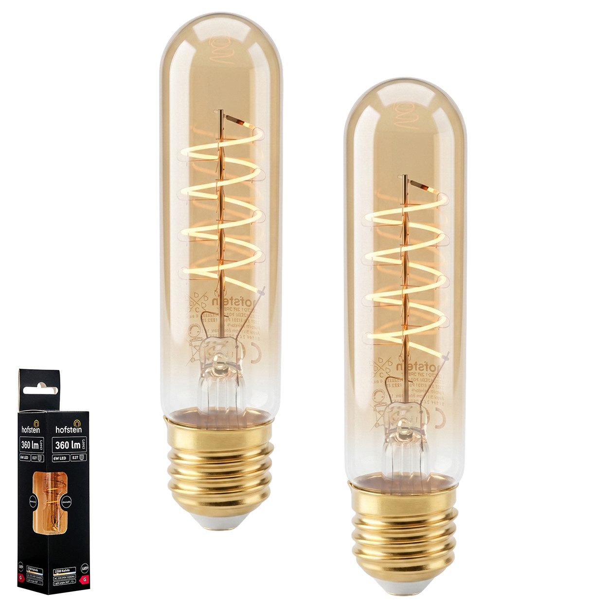 hofstein LED-Leuchtmittel 2er Set Glühbirne Extra Warmweiß dimmbar 6 Watt, 2200 Kelvin, 360 Lumen, Röhre Vintage, Filament Spirale, Amber