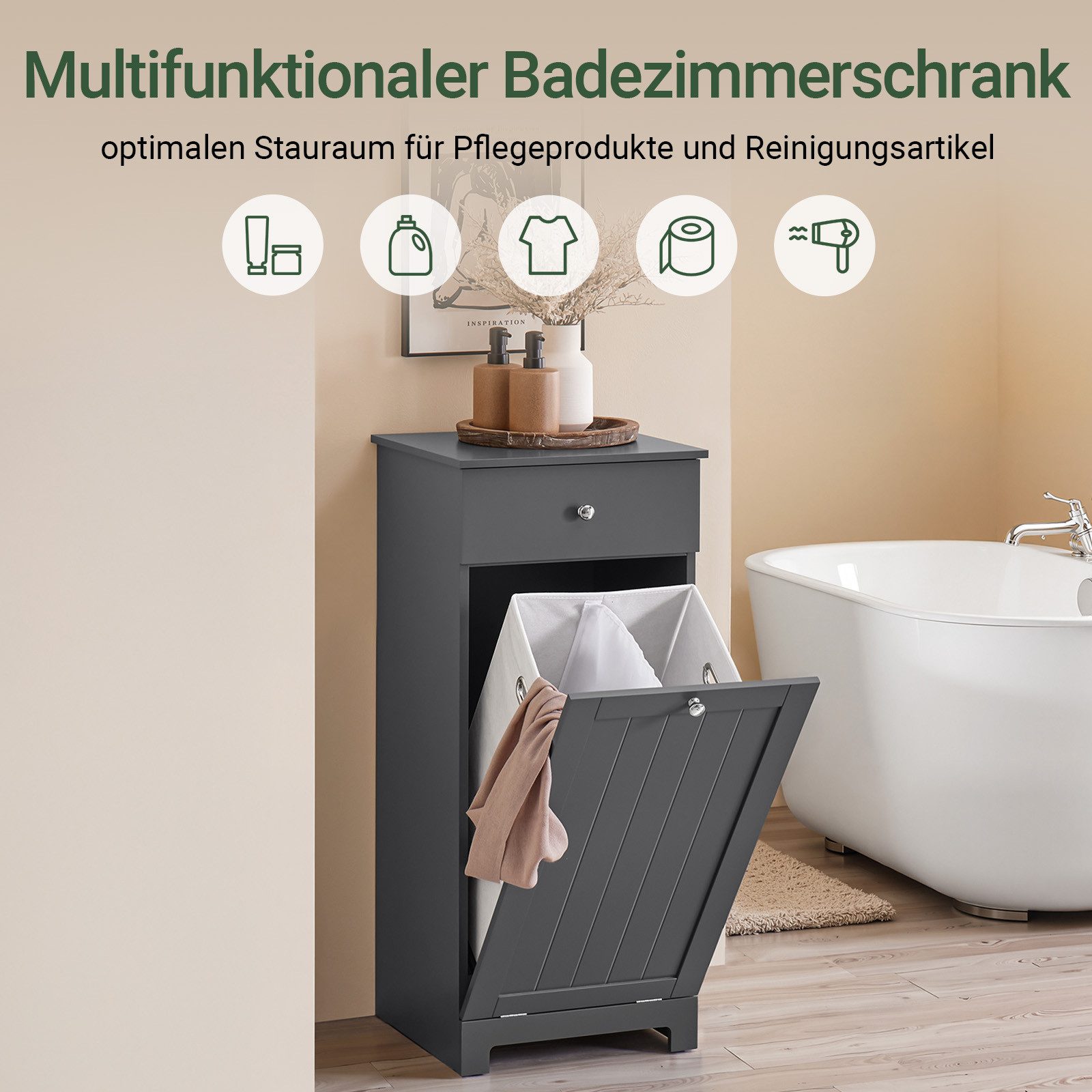 SoBuy Wäscheschrank BZR21, Badschrank mit Wäschekorb, Badkommode, Bad Waschküche Wohnung mit ausklappbarem Wäschetruhe Wäschesammler mit Schubladen Wäschekorb