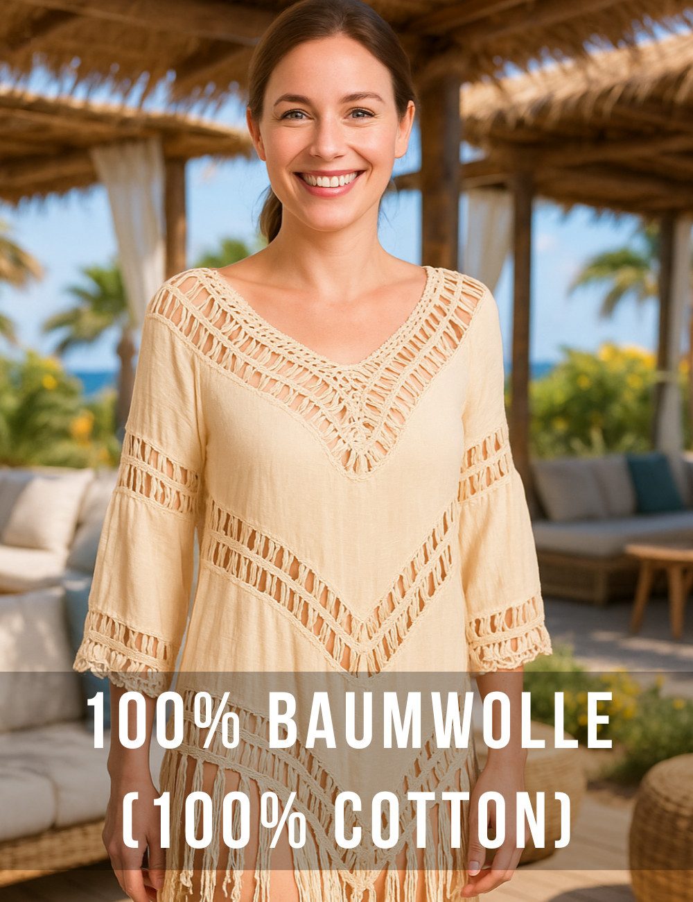 PANASIAM Tunikakleid Tunika Ibiza aus feiner Baumwolle Strandtunika Onesize passt bis Gr. L Tunikakleid in Häkeloptik Longshirt für besondere Anlässe