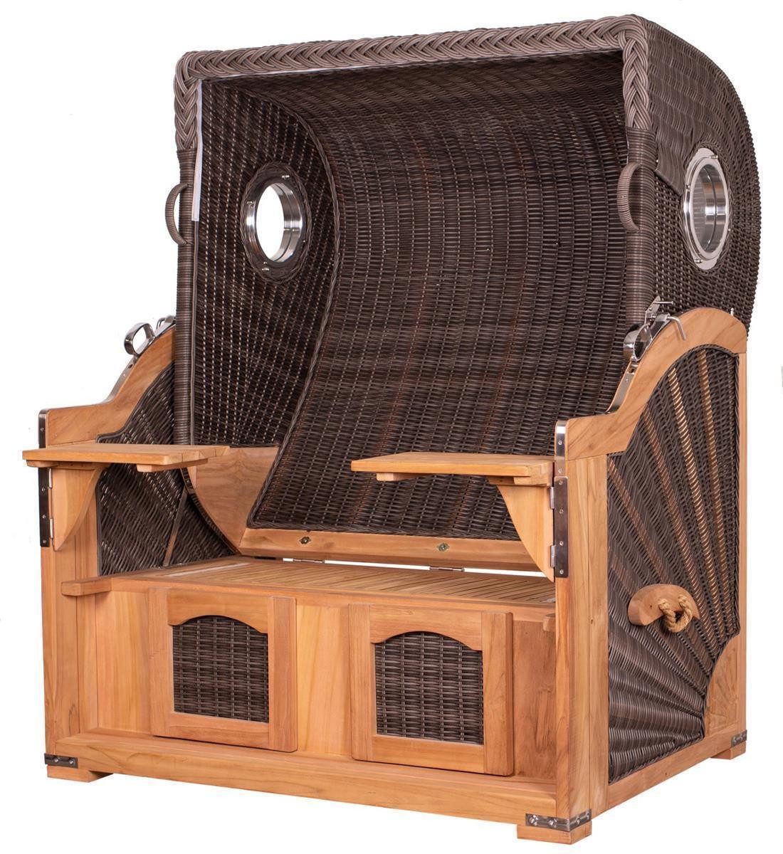 deVries PURE® Strandkorb Seemöwe XL - PE stone grey - Dessin 188, BxTxH: 140x95x160 cm, Halblieger, Ostsee-Strandkorb, Teakholz - Bullaugen - Kissenausstattung und Schutzhülle