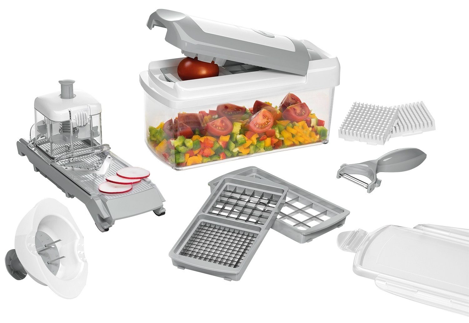 Genius Gemüseschneider Multischneider-Set 14-tlg. NICER DICER CHEF, Weiß, Grau, Kunststoff, Edelstahlklingen