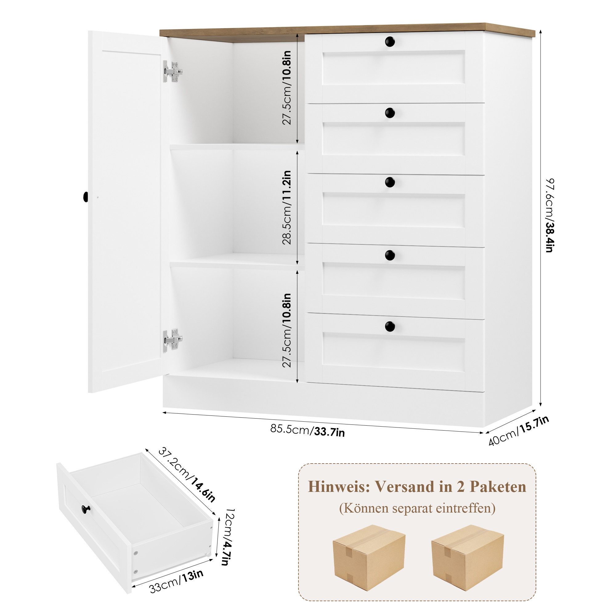 HOMECHO Buffet Weiß Sideboard Küchenschrank mit 1 Türen und 5 Schubladen,85 günstig online kaufen