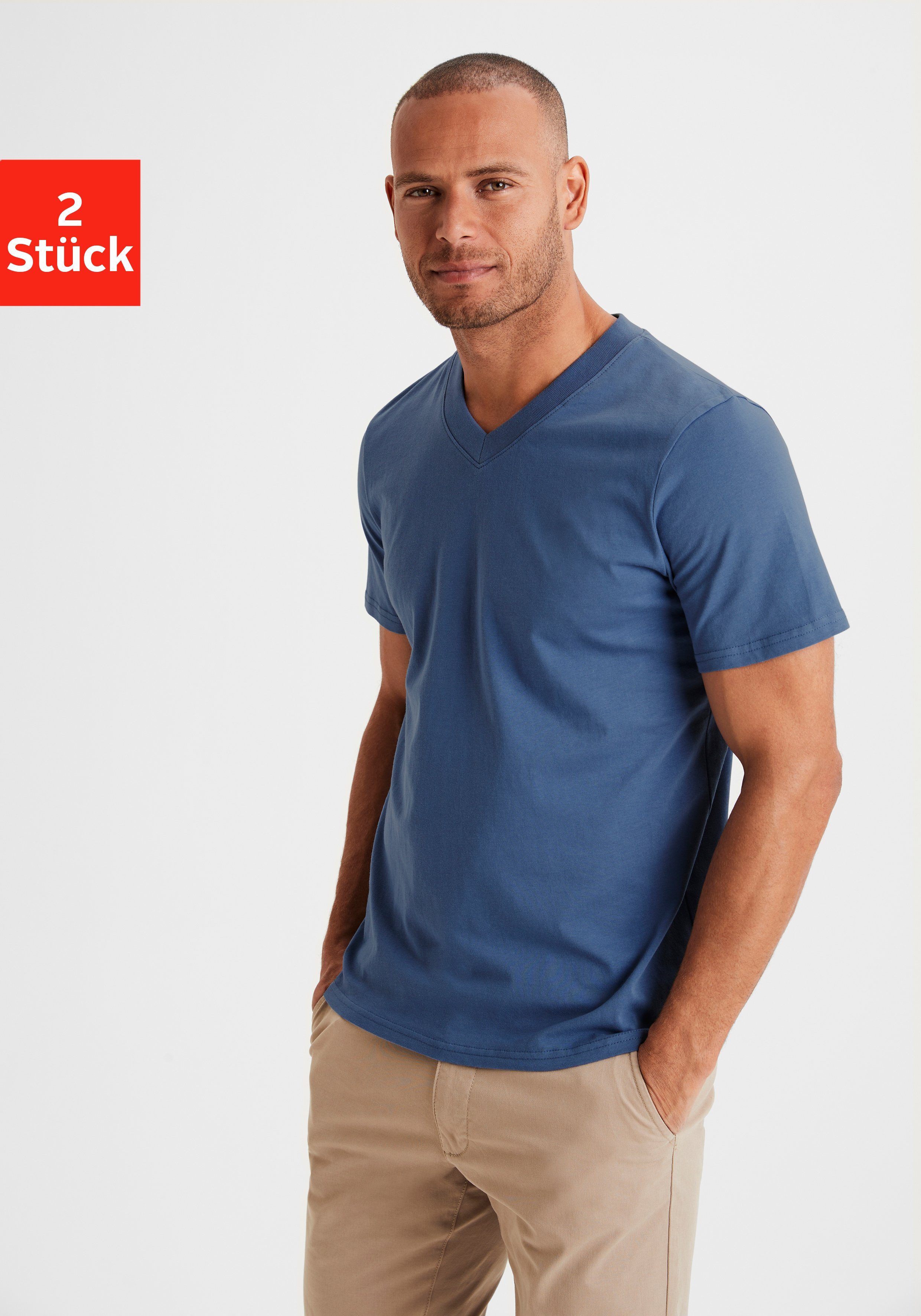 KangaROOS V-Shirt Regular Fit, (2er-Pack) Freizeitshirt mit Kurzarm, V-Ausschnitt aus reine Baumwolle