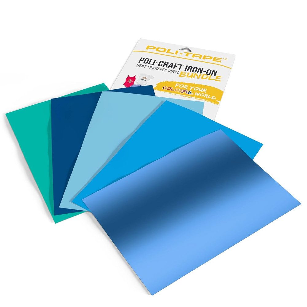 POLI-TAPE POLI-CUT Plotterfolie OCEAN-BUNDLE IRON-ON, 5 x A4 POLI-FLEX TURBO, turboschnelle Transferfolie für Textilien