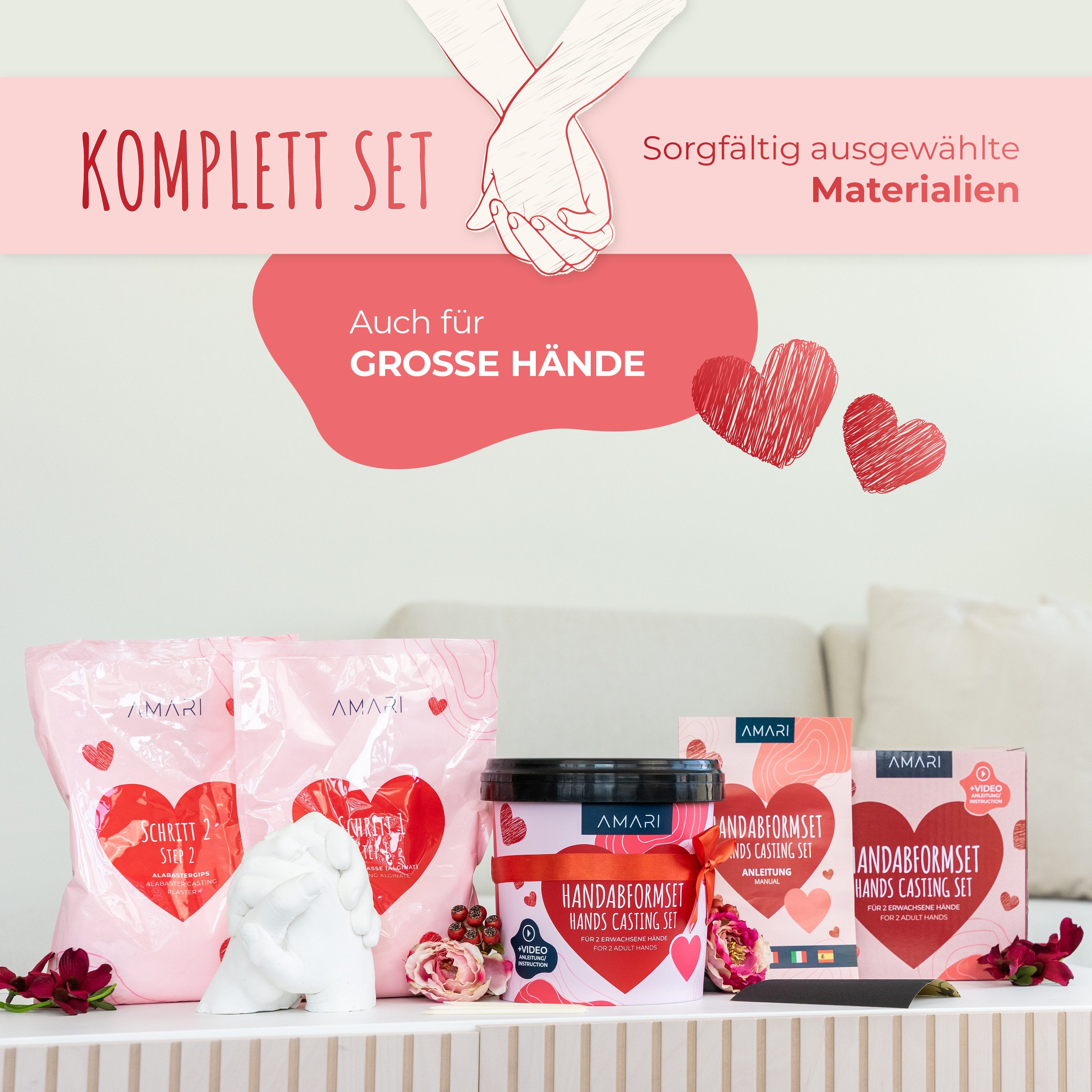 Amari Handabdruck-Set Geschenkidee für Paare - 3D Gipsabdruck, Komplettset, als romantisches Geschenk für Valentinstag, Jahrestag & Hochzeit