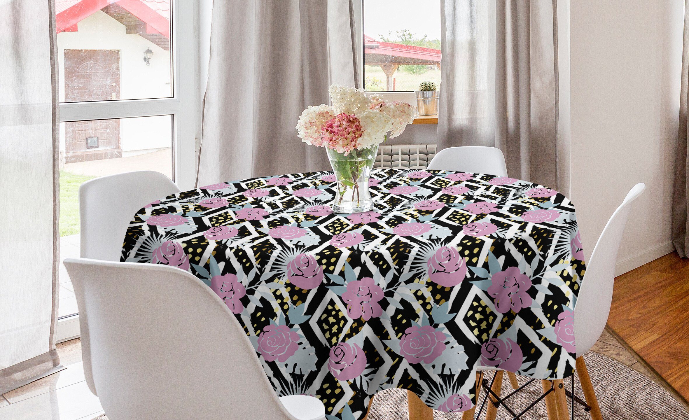 Abakuhaus Tischdecke Kreis Tischdecke Abdeckung für Esszimmer Küche Dekoration, Botanisch Grunge-Blüten-Muster