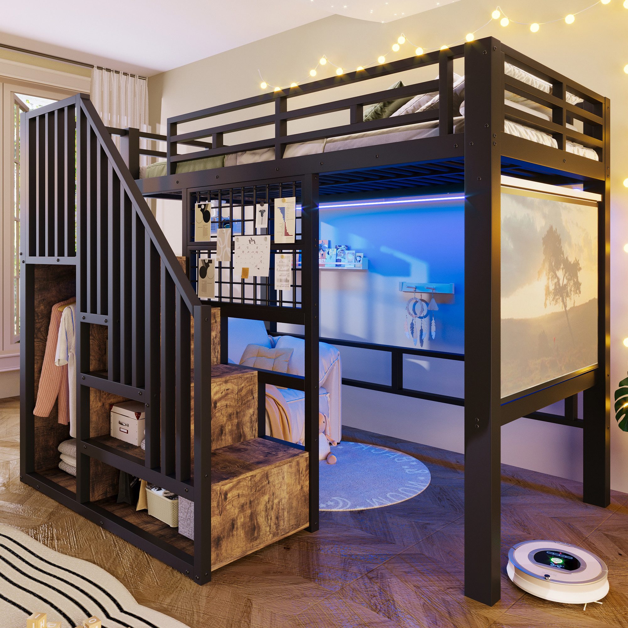 Merax Hochbett mit LED-Licht, Metallbett Jugendbett Einzelbett (1-St) 90x200cm mit Treppe, Kleiderstange, Gitter & Projektoraufhängung