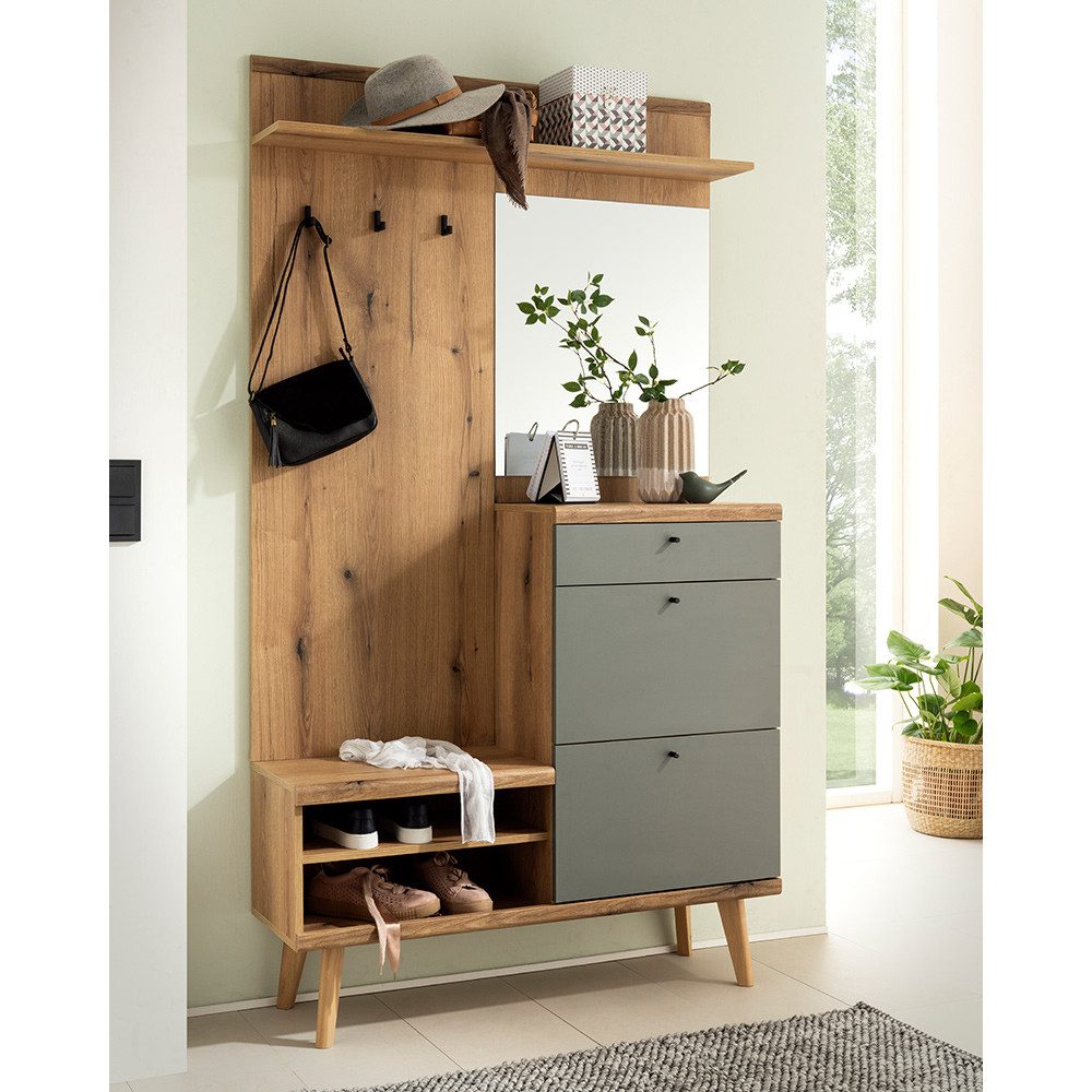 Lomadox Garderobenschrank AVEZZANO-61 Eiche Nb. mit grün, für 4 Paar Schuhe, Spiegel, Ablage, Stauraum