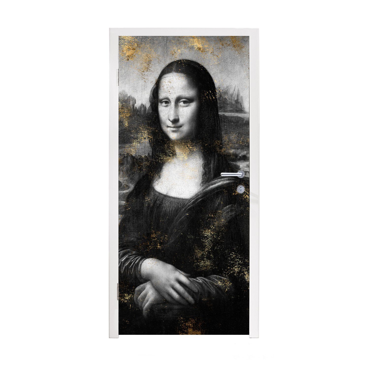 MuchoWow Türtapete Mona Lisa - Gold - Schwarz, Matt, bedruckt, (1 St), Fototapete für Tür, Türaufkleber, 75x205 cm