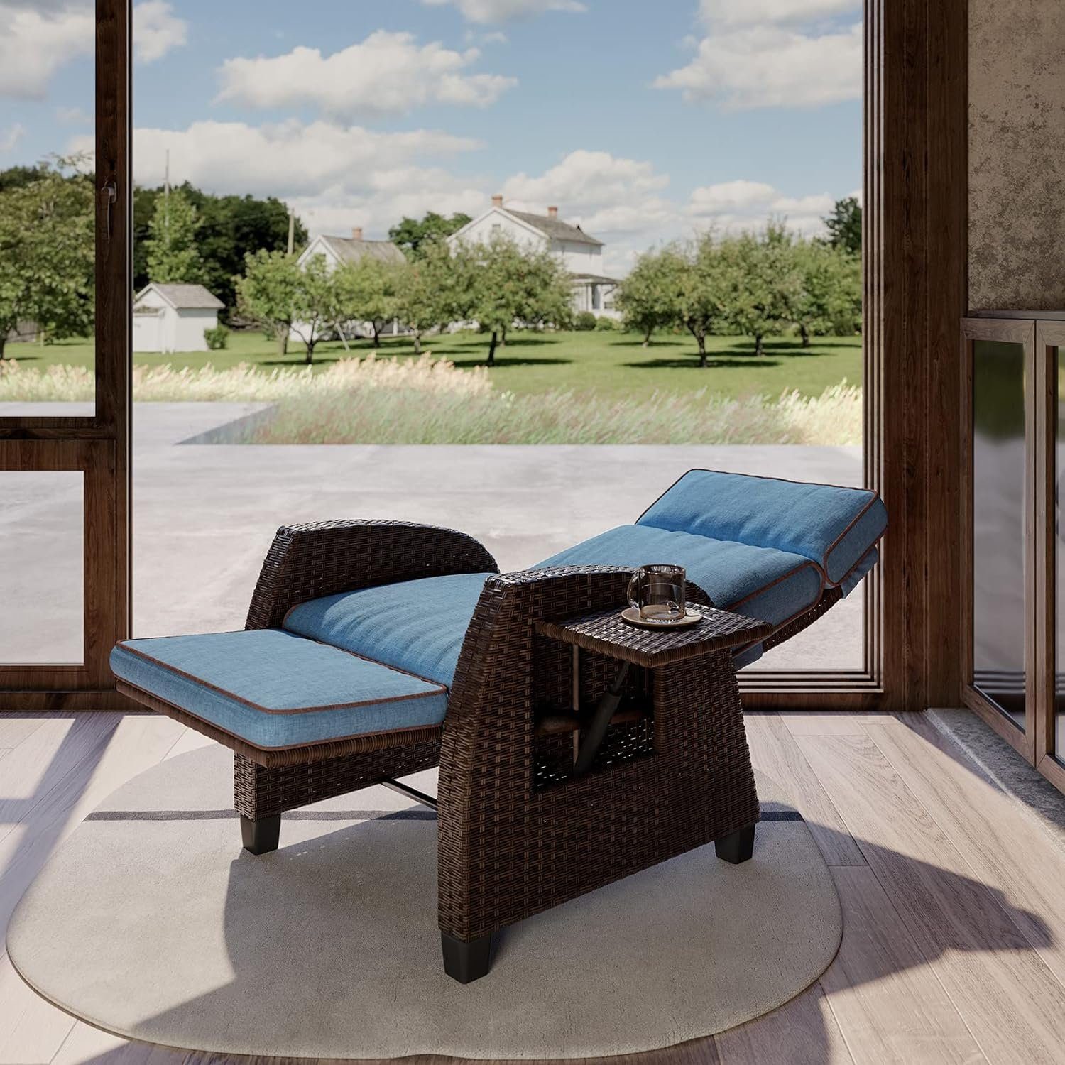 Grand patio Gartensessel PE-Rattan, Sitzkissen, Blau Grad mit mit | 150 einstellbar Dunkelbraun Beistelltisch, Rückenlehne aus