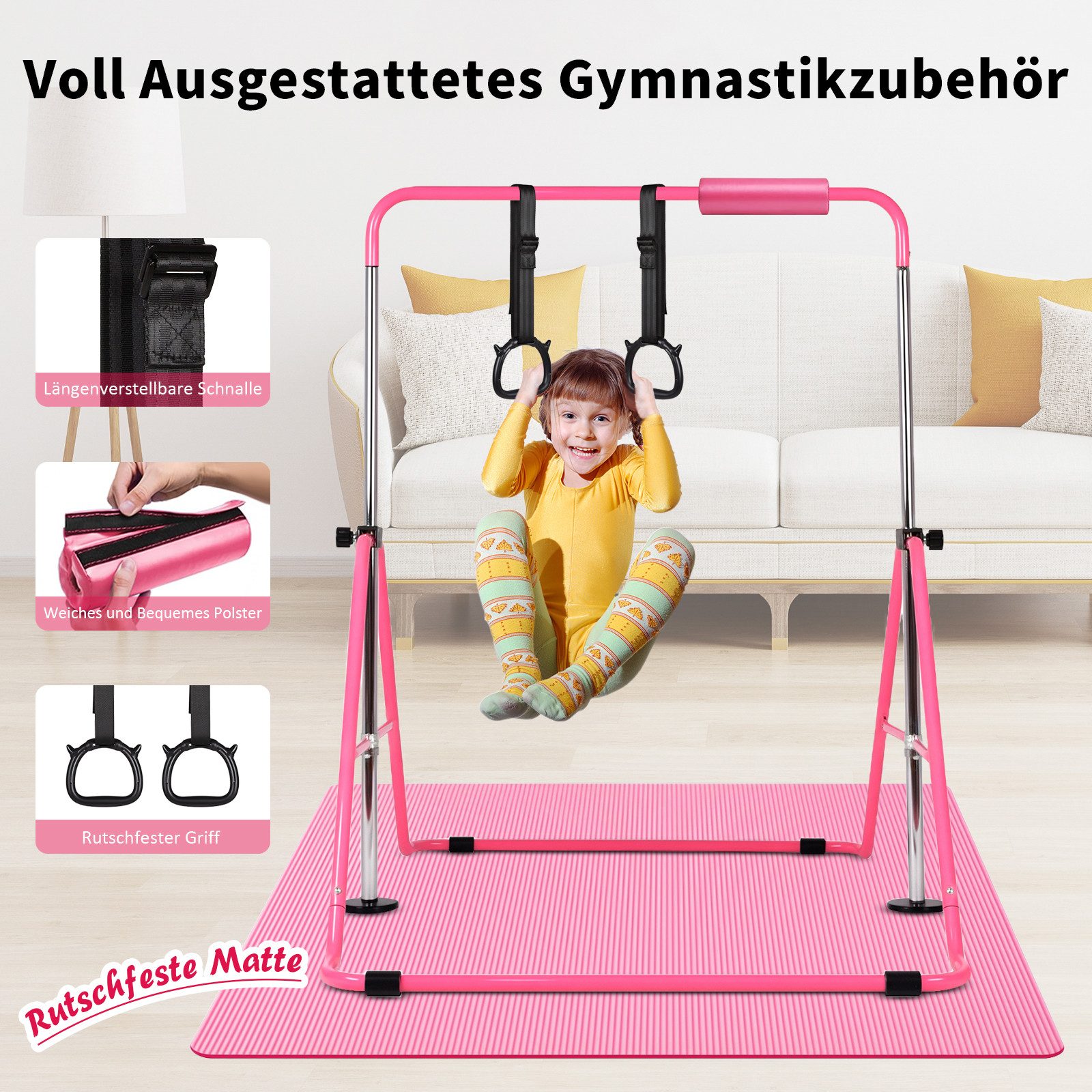 Hausright Turnreck Gymnastikstange für Kinder, Turnstange ab 3 Jahre, 88-128cm, (Gymnastikstange, Gymnastikmatte, Polster & 2 Ringen), Verstellbaren Höhen Faltb – Bild 5 von 5