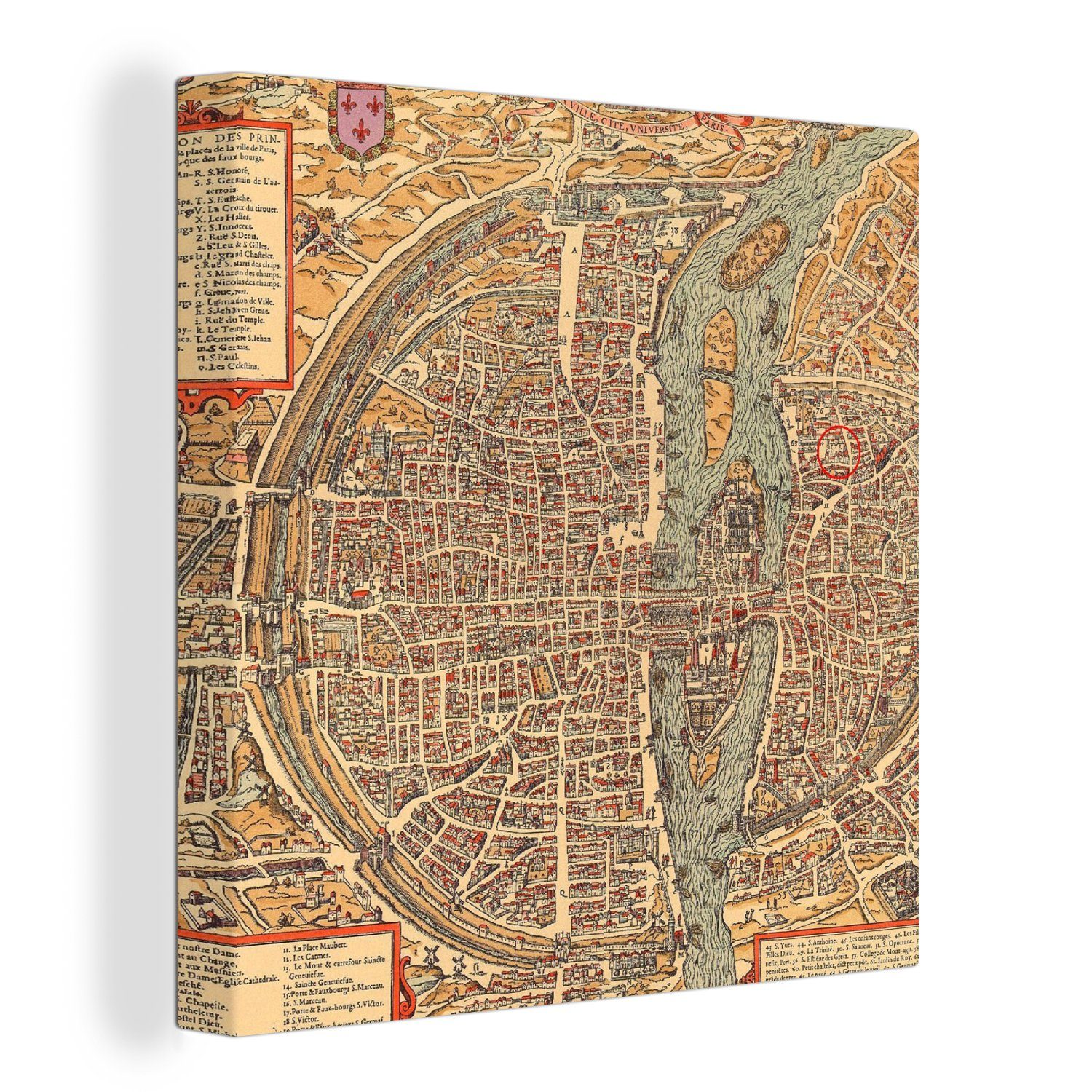 OneMillionCanvasses® Leinwandbild Stadtplan von Paris - Seine - Frankreich - Stadtplan, (1 St), Leinwand Bilder für Wohnzimmer Schlafzimmer | Leinwandbilder