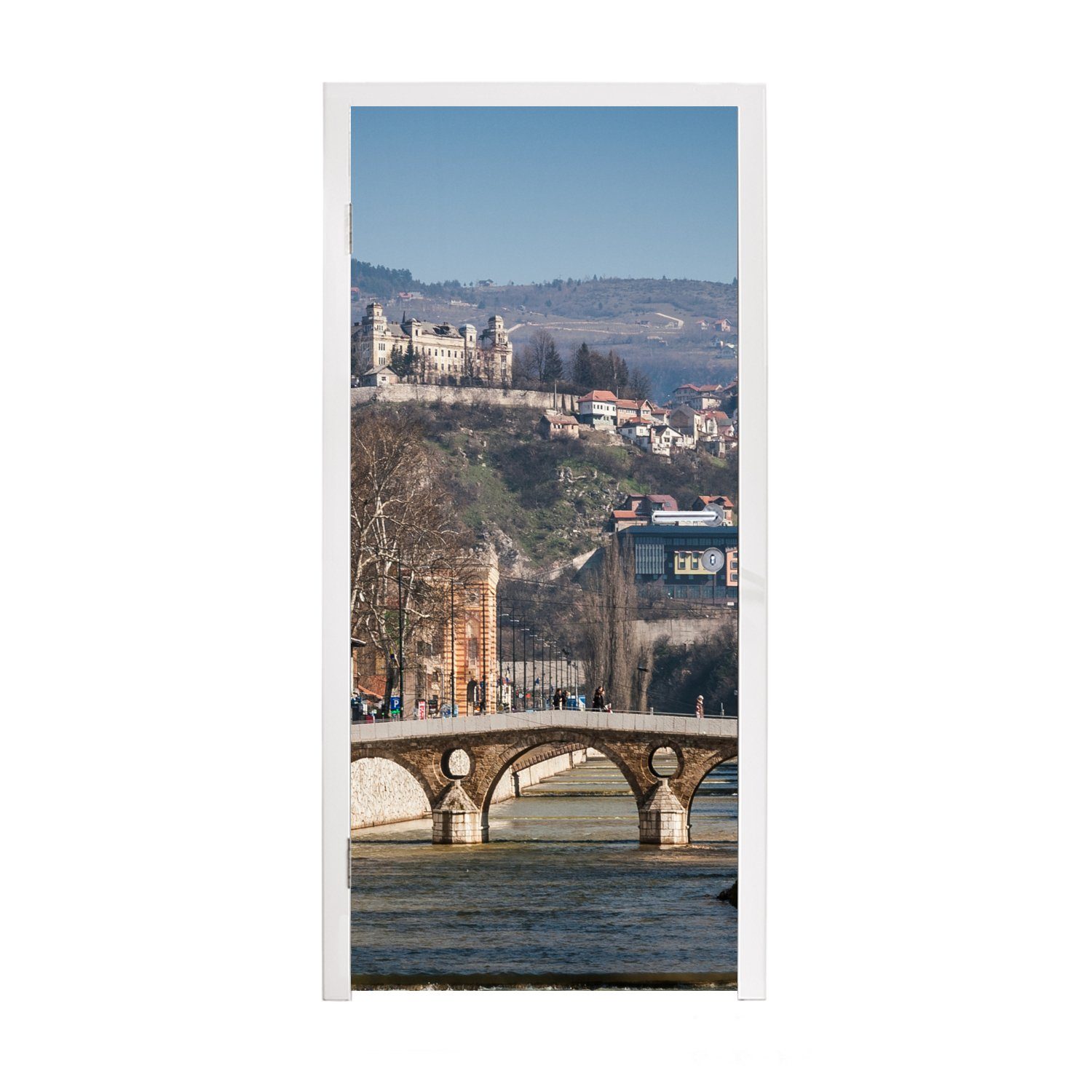 über Türtapete Türaufkleber, St), MuchoWow in Herzegowina, Miljacka Tür, für Matt, Fluss und (1 cm Brücke den 75x205 Bosnien Fototapete Sarajewo, bedruckt,