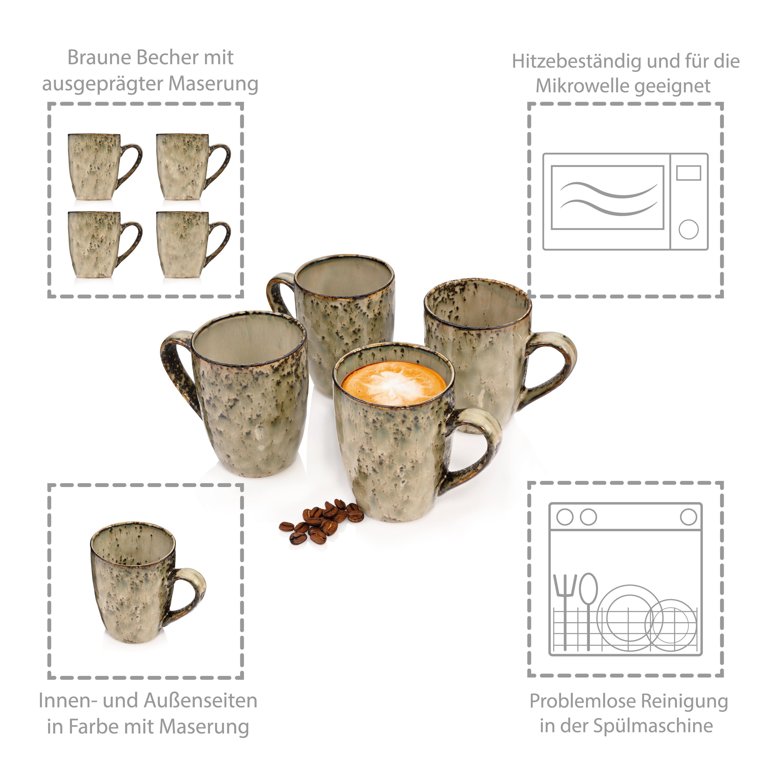 Pompei Handmade Kaffeebecher ml, SÄNGER 300 Akzenten, schwarzen Steingut, mit Becher Beige
