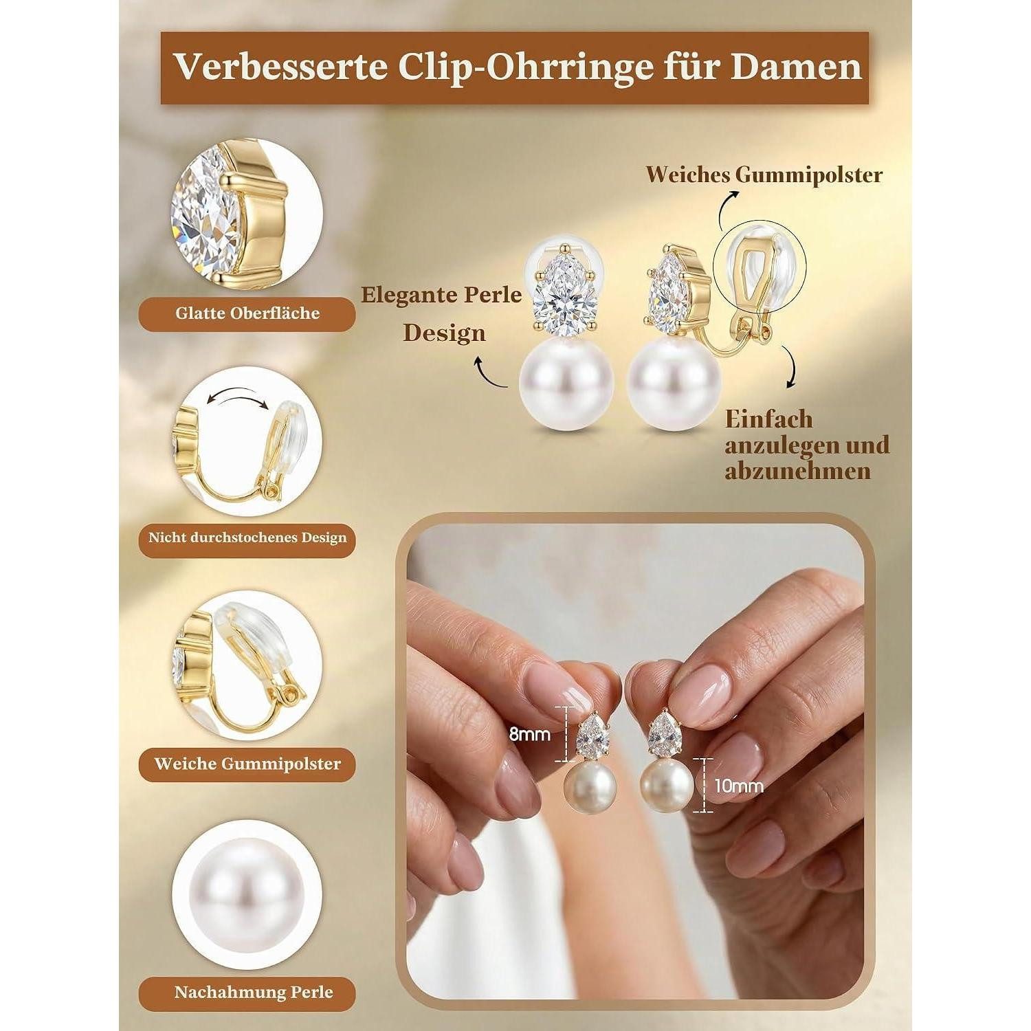 LuxusKollektion Ohrclip-Set Ohrclips Damen Gold Perlen Zirkonia ohne Ohrlöcher – Bild 2 von 5