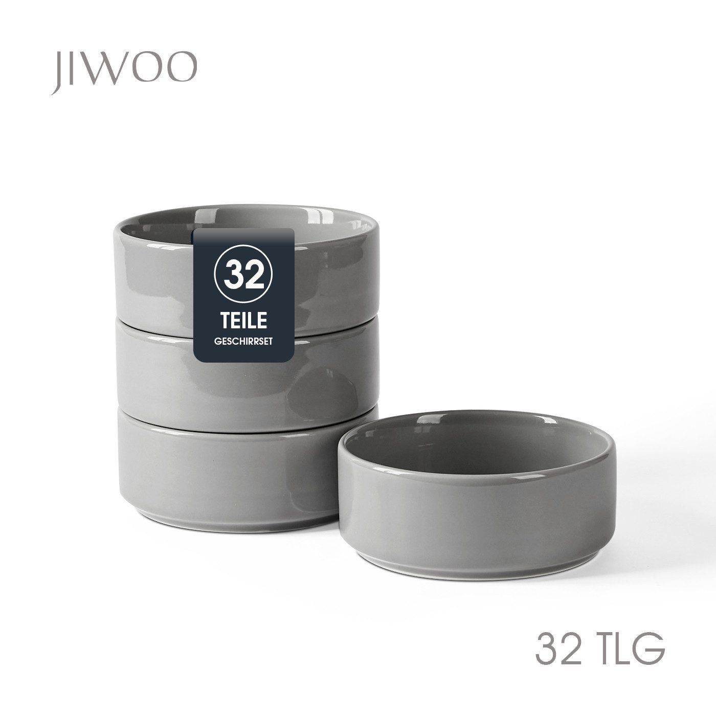 JIWOO Salatschüssel 4er Ø13,5cm, Müslischüssel Suppenschüssel Dessertschale Obstschale, Keramik, (Schüsselset, 32-tlg), Bowl Hochwertiges Schüsseln Grau Schüssel Mikrowellenofen Spülmaschine