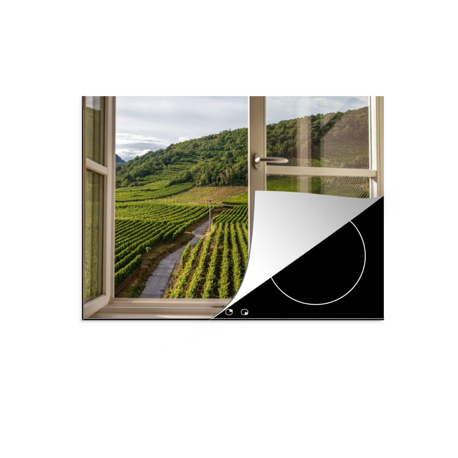 MuchoWow Herdblende-/Abdeckplatte Blick durch ein Fenster auf einen Weinberg, Vinyl, (1 tlg), 71x52 cm, Induktionskochfeld Schutz für die küche, Ceranfeldabdeckung