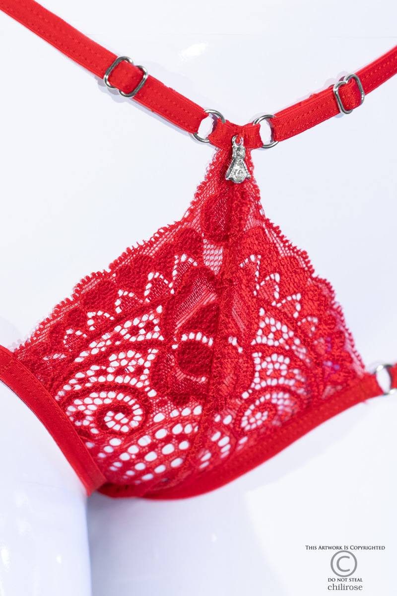 Chilirose Stringpanty-Ouvert Spitzen Panty rot mit Riemchen sexy Doppel-Bänder Frauen Slip mit Spit