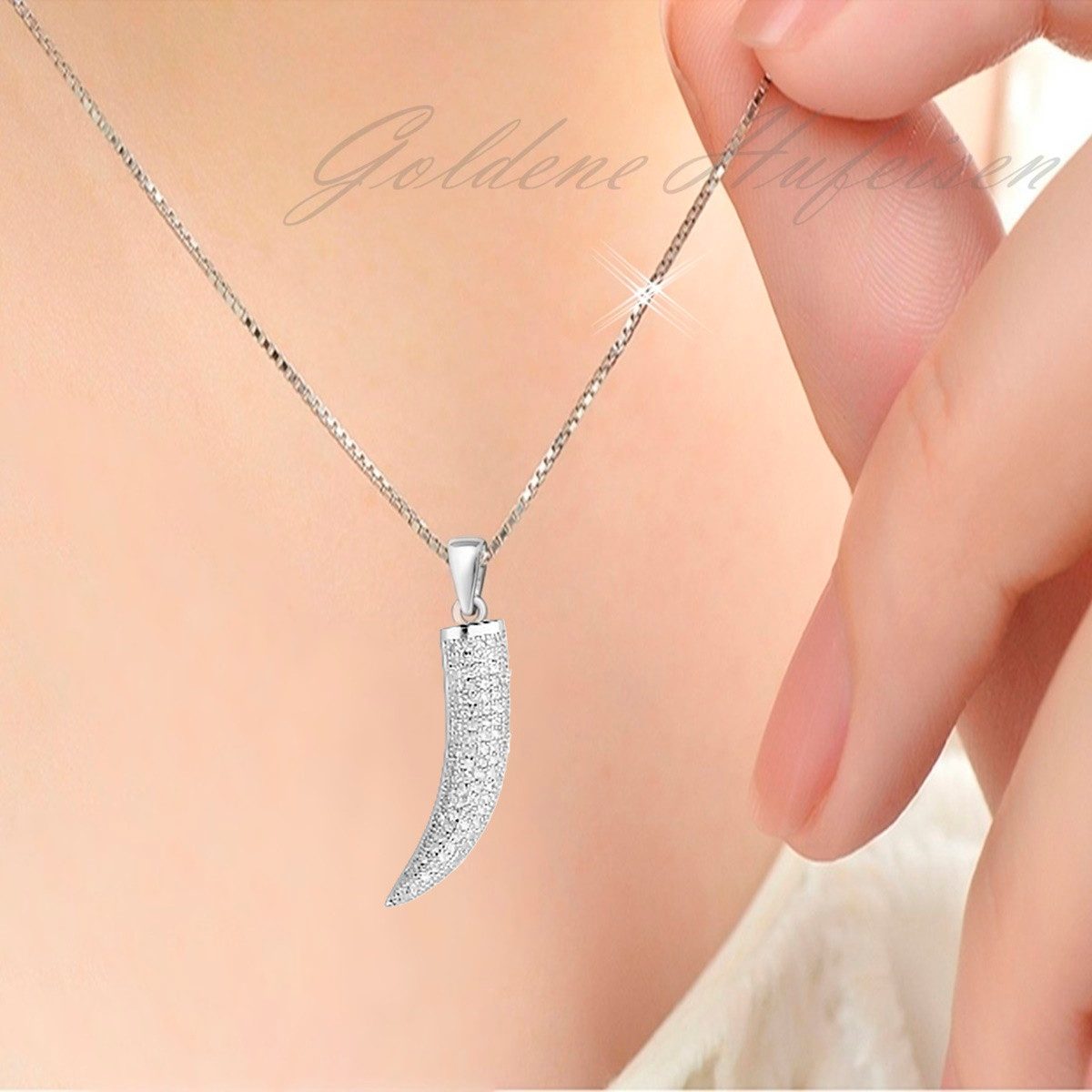 Goldene Hufeisen Kettenanhänger Silber Drachenzahn mit Zirkonia Anhänger 925 Sterling Tierzahn, Silberschmuck für Damen und Herren