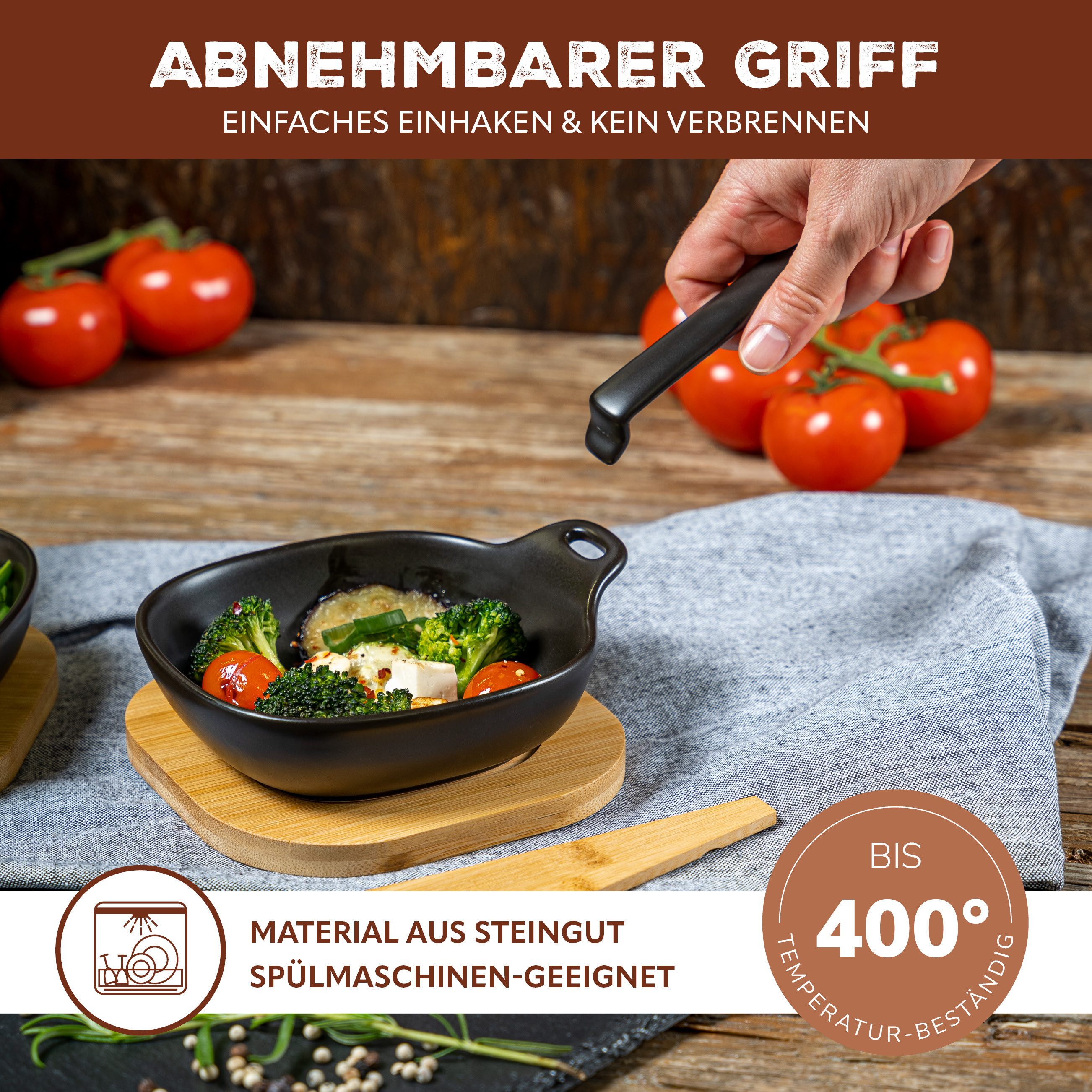 bremermann Grillpfanne Grillpfännchen 2er inkl. Bambus-Untersetzern und Bambus-Schabern, (2-tlg)