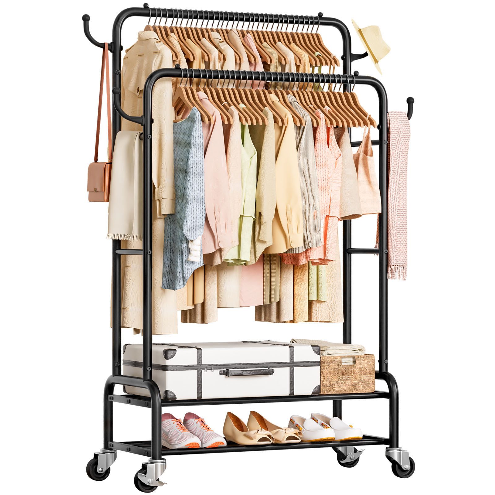 Yorbay Kleiderständer Doppelstange Garderobenständer auf Rollen, mit 2 Abla günstig online kaufen