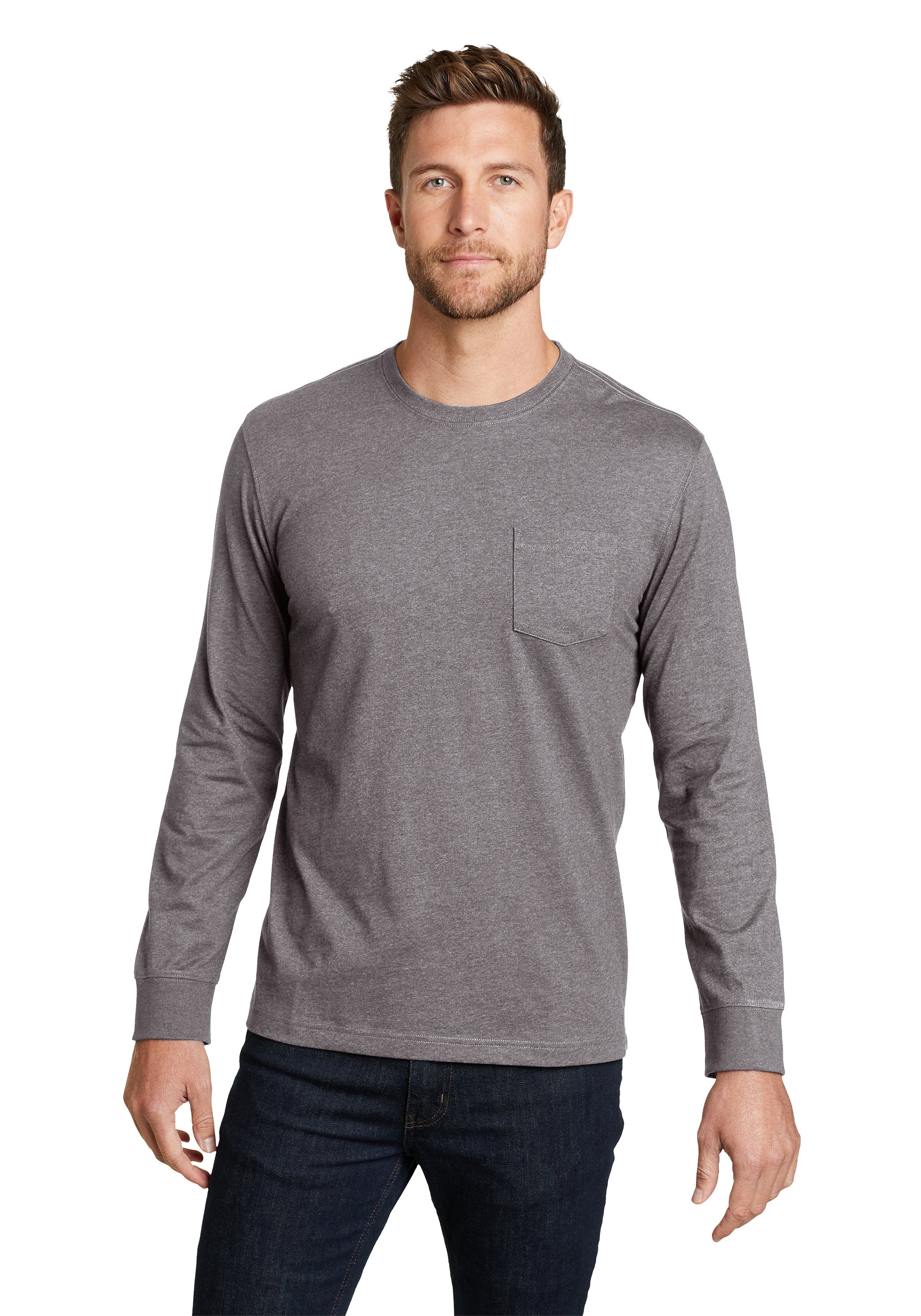 Eddie Bauer Langarmshirt Legend Wash Pro Shirt 100% Baumwolle - Langarm mit Tasche Meliertes Grau