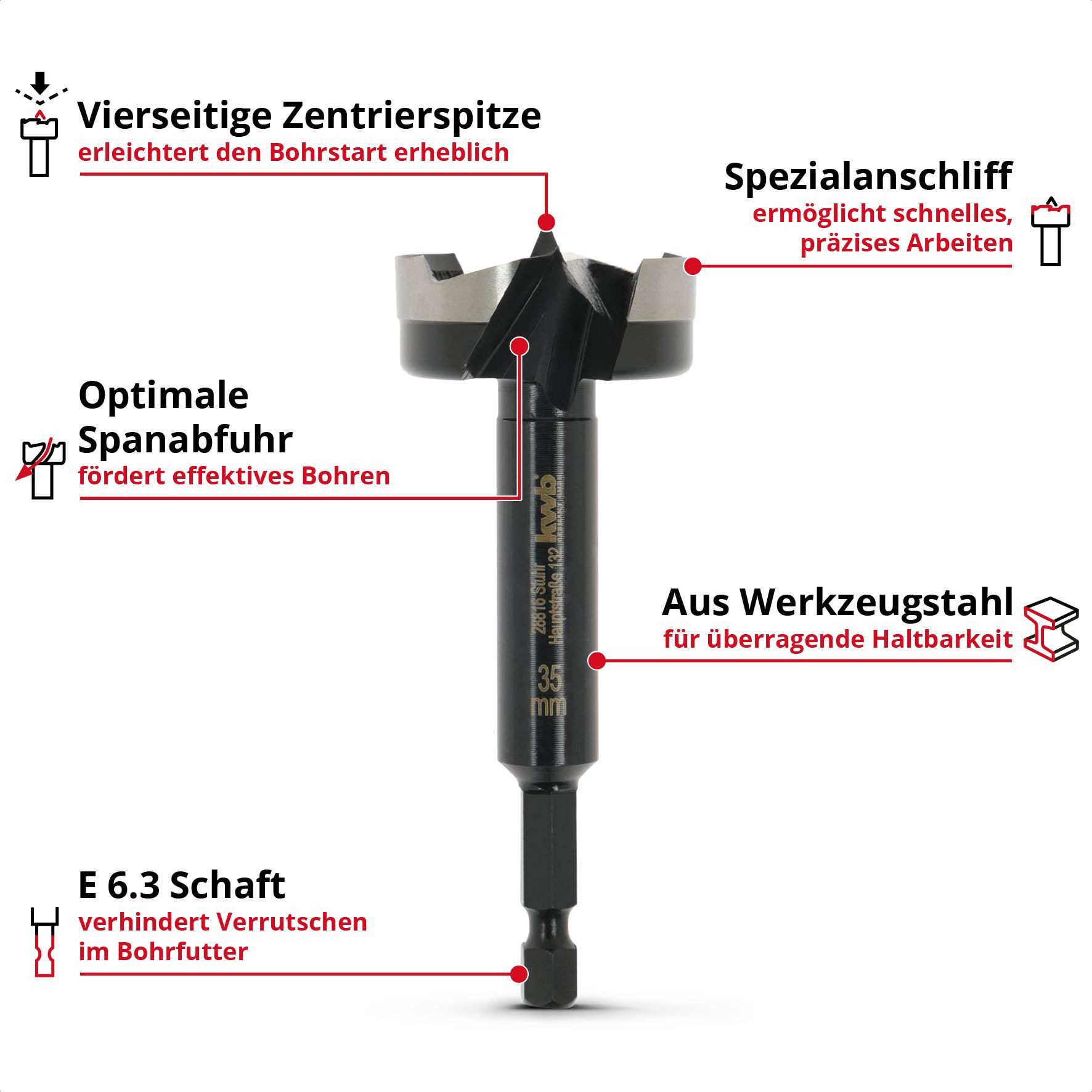 kwb Bohrer- und Bit-Set kwb Forstnerbohrer, Ø 35 mm, Topfbohrer (für Holz, geschmiedeter Bohrk, Forstnerbohrer 1/4" E 6.3 Schaft, Ø35mm (4-seitig geschliffene Zentrie