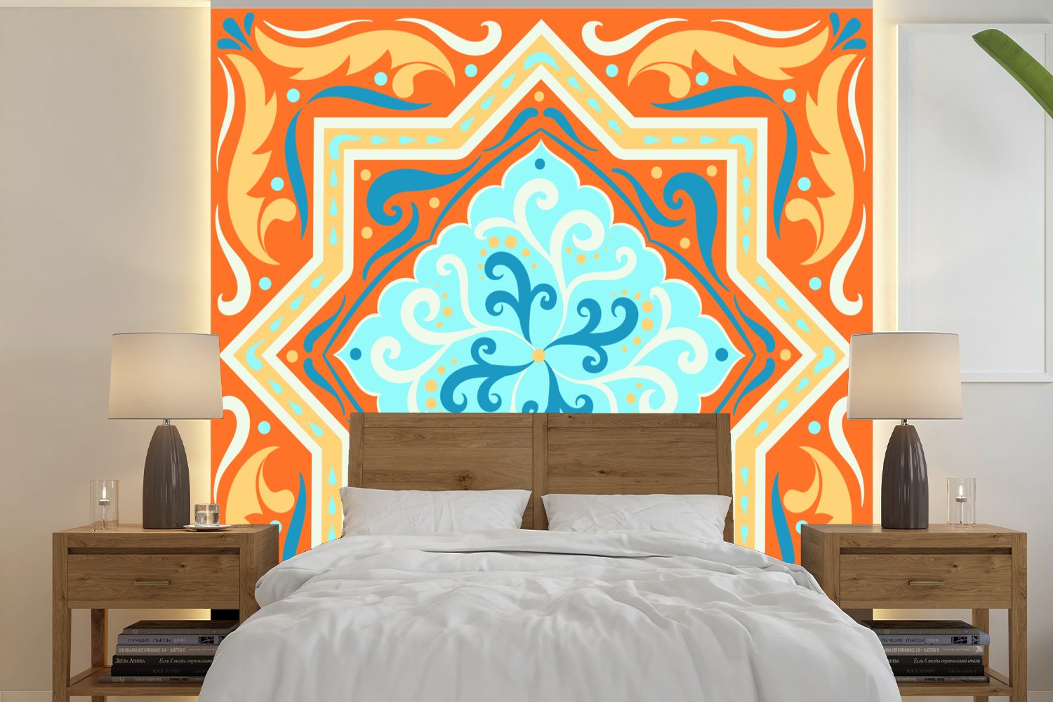 Wohnzimmer - Vinyl bedruckt, Tapete - Orange, Wandtapete für (5 MuchoWow Schlafzimmer, Blau Geometrische Formen oder Matt, St), Fototapete