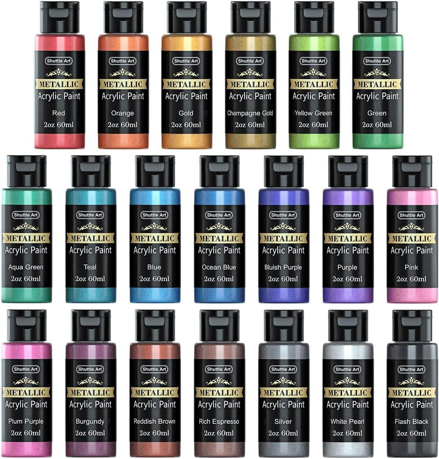 Shuttle Art Künstlerstift Set 20 Metallic Acrylfarben 60ml Flaschen Pinsel Palette für Kunst