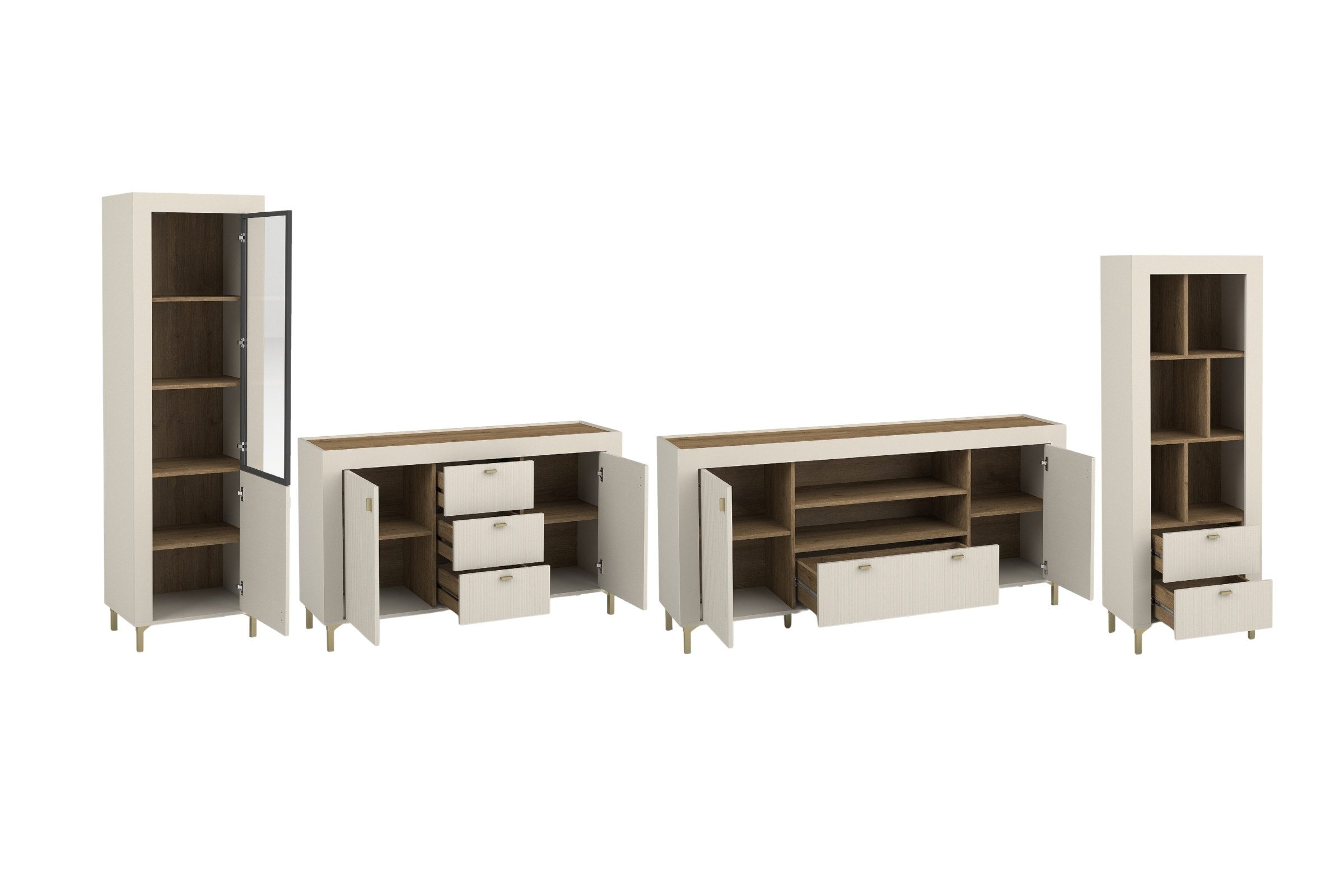 Deine Möbel 24 Wohnzimmer-Set MONI A mit Vitrine, Regal, 2 Kommoden, (Set, 4-St., MONI - Kollektion), optionale LED-Beleuchtung, in Weiß, Schwarz, Cashmere/Eiche Whisky