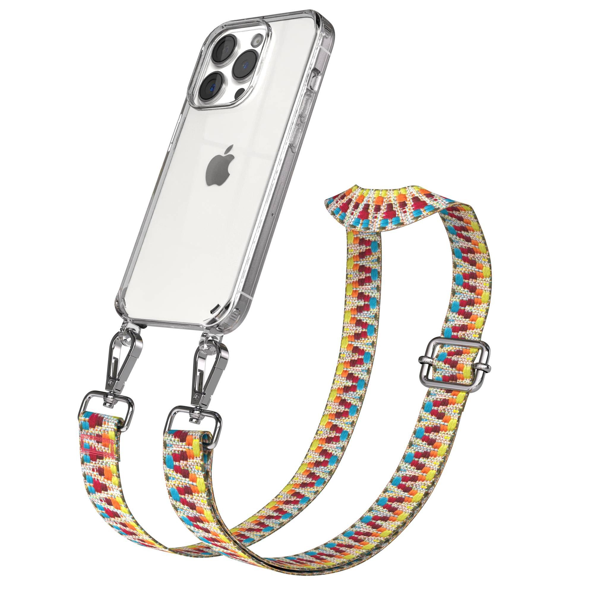 EAZY CASE Handykette Umhängeband für Apple iPhone 15 Pro 6,1 Zoll, Rope Handyhülle ZickZack Crossbody Band Case Bunt