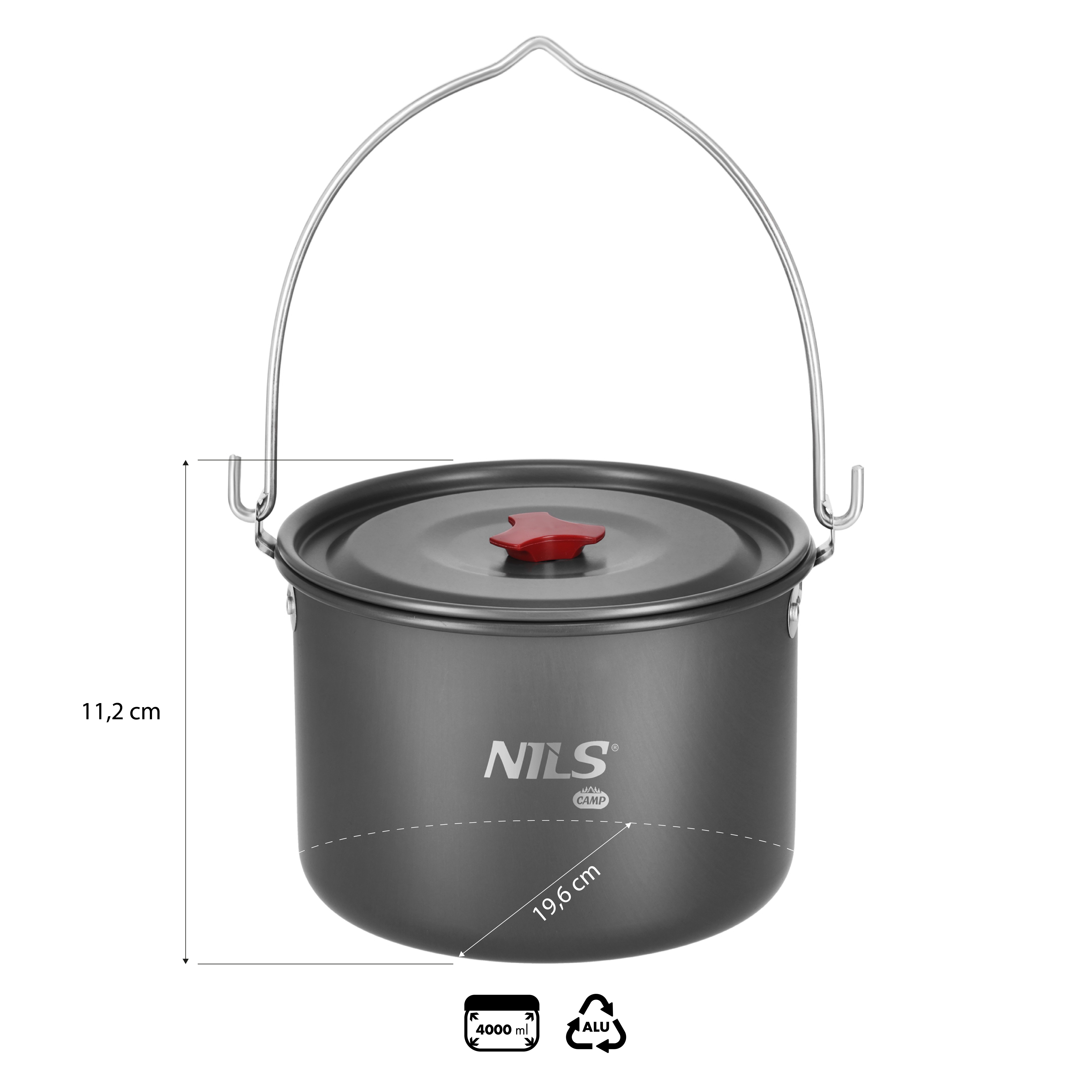 NILS CAMP Kochtopf Campingtopf Outdoortopf Kochgeschirr, Aluminium (Spar-Set, 1-tlg., Ø 19,6 cm leicht), mit Deckel, Tragebügel, 4 L, leicht