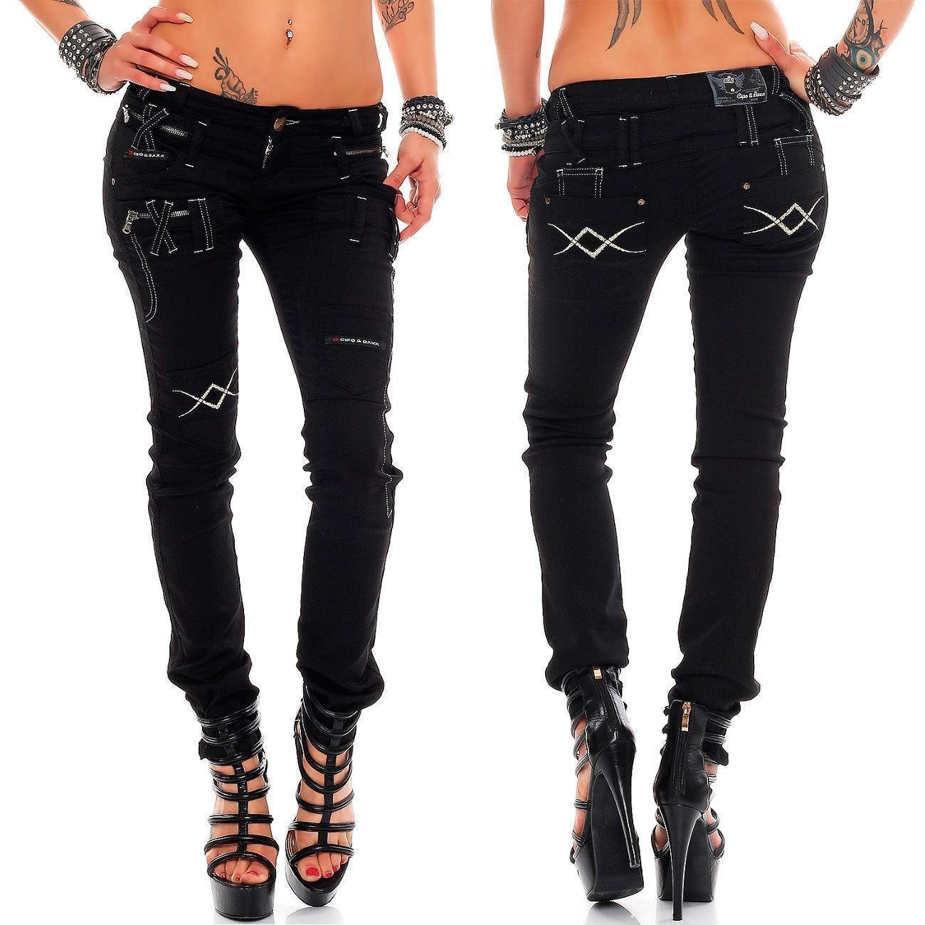 Cipo & Baxx Slim-fit-Jeans Damen Slim Fit Hose Denim BA-WD228 mit Zippern und Tribal Effekten