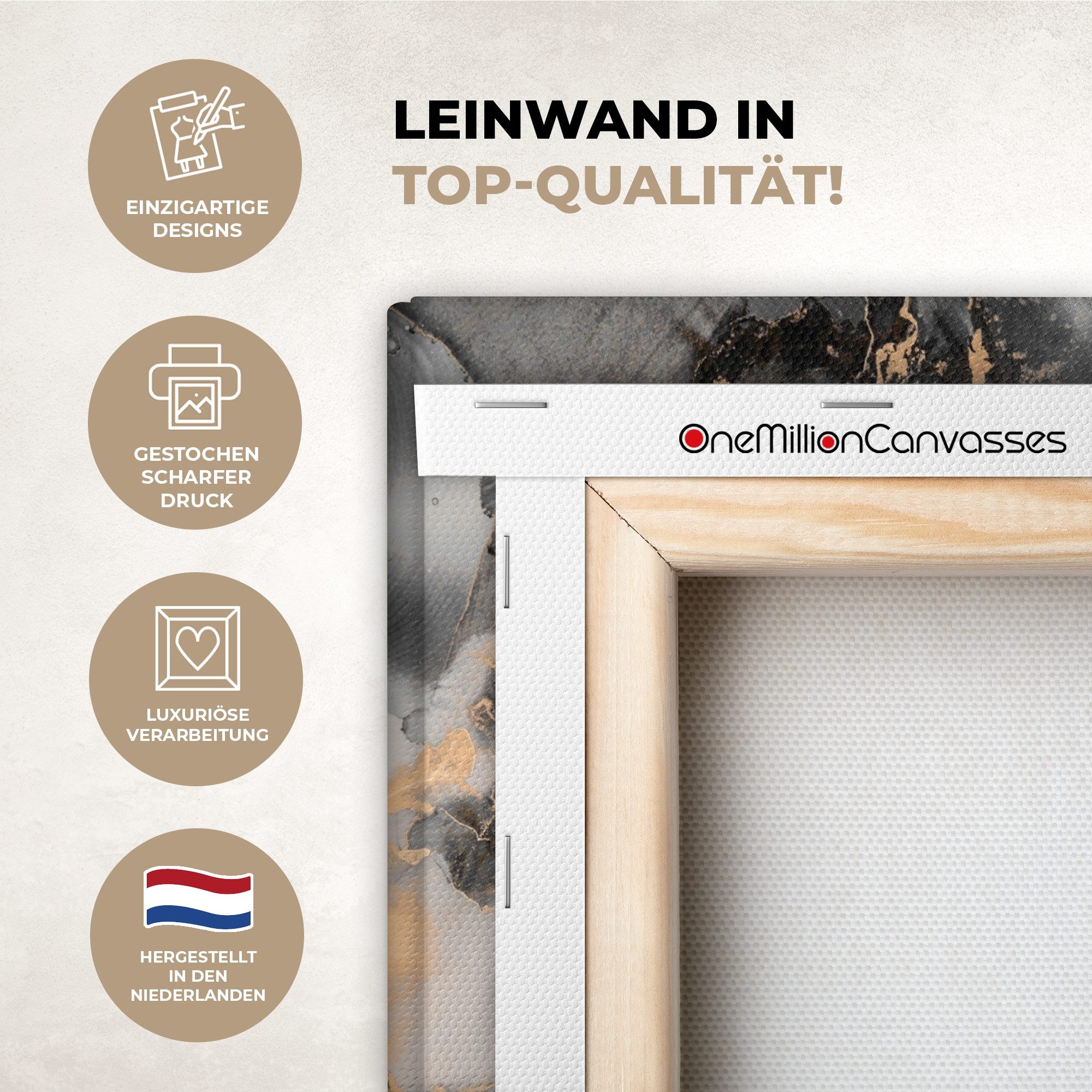 OneMillionCanvasses® Leinwandbild Grau - Luxus - Gold - Marmor, Fotodruck (1 St), Leinwand Canvas Wandbild, Wanddekoration 20x30 cm