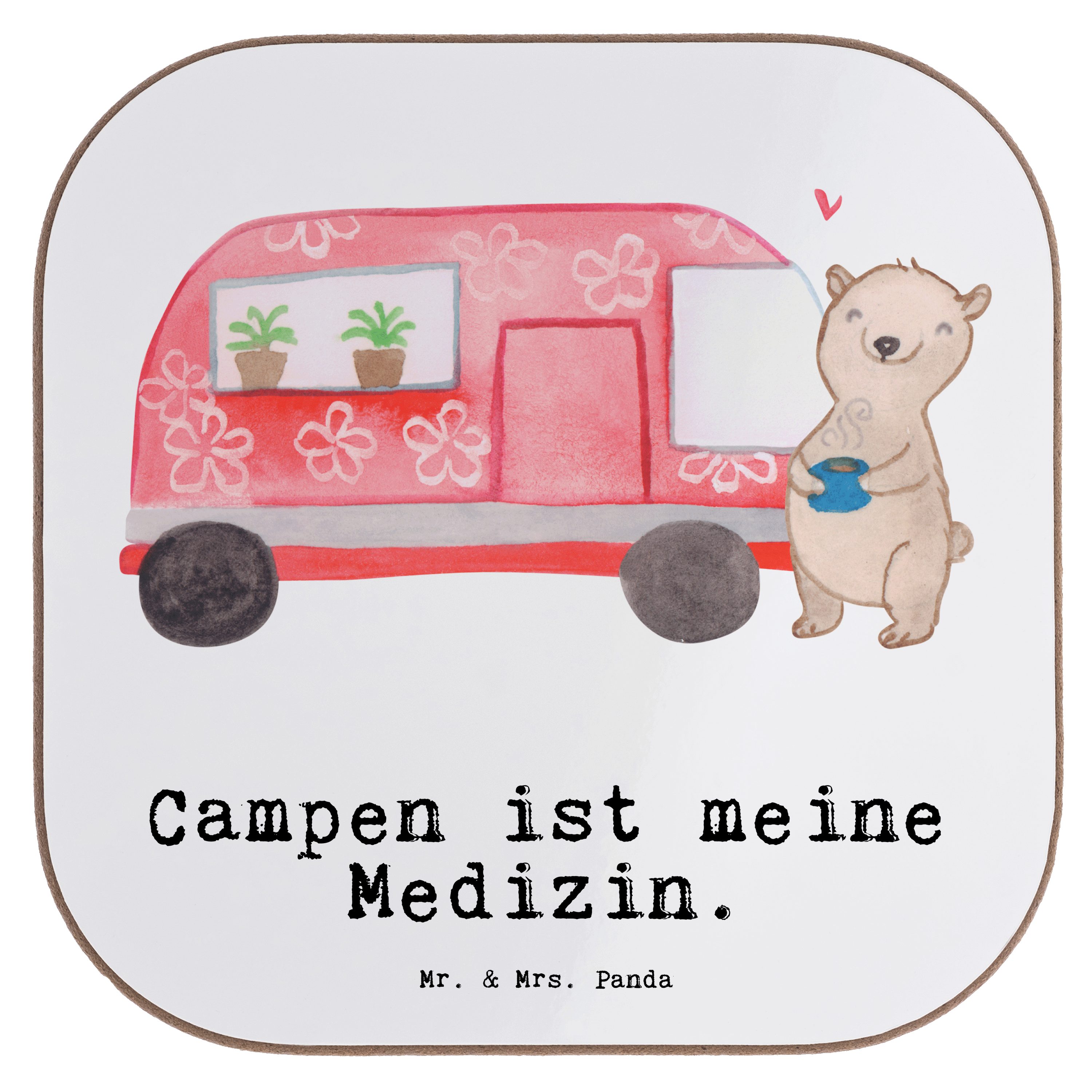 Mr. & Mrs. Panda Getränkeuntersetzer Bär Camper Medizin - Weiß - Geschenk, Zelten, Urlaub, Campingplatz, B, 1-tlg.