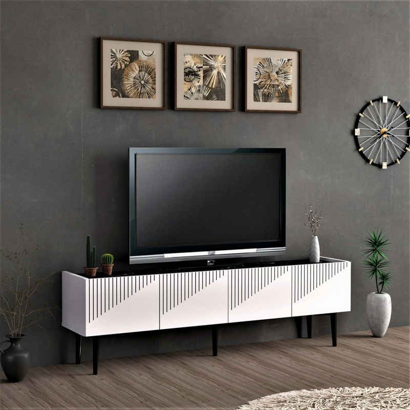 en.casa TV-Schrank »Oppdal« TV Board 45 x 154 x 37 cm Fernsehtisch Weiß / Marmor schwarz