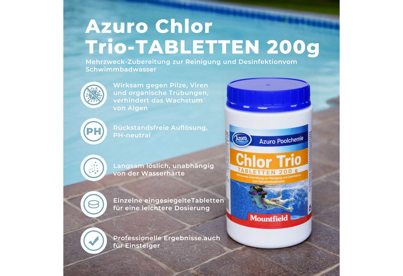 Thumbnail - Azuro Chlortabletten Poolpflege Chlortabs 200g langsamlöslich, Chlor Langzeittabletten, (1kg, 3kg, 5kg, Hergestellt in E...