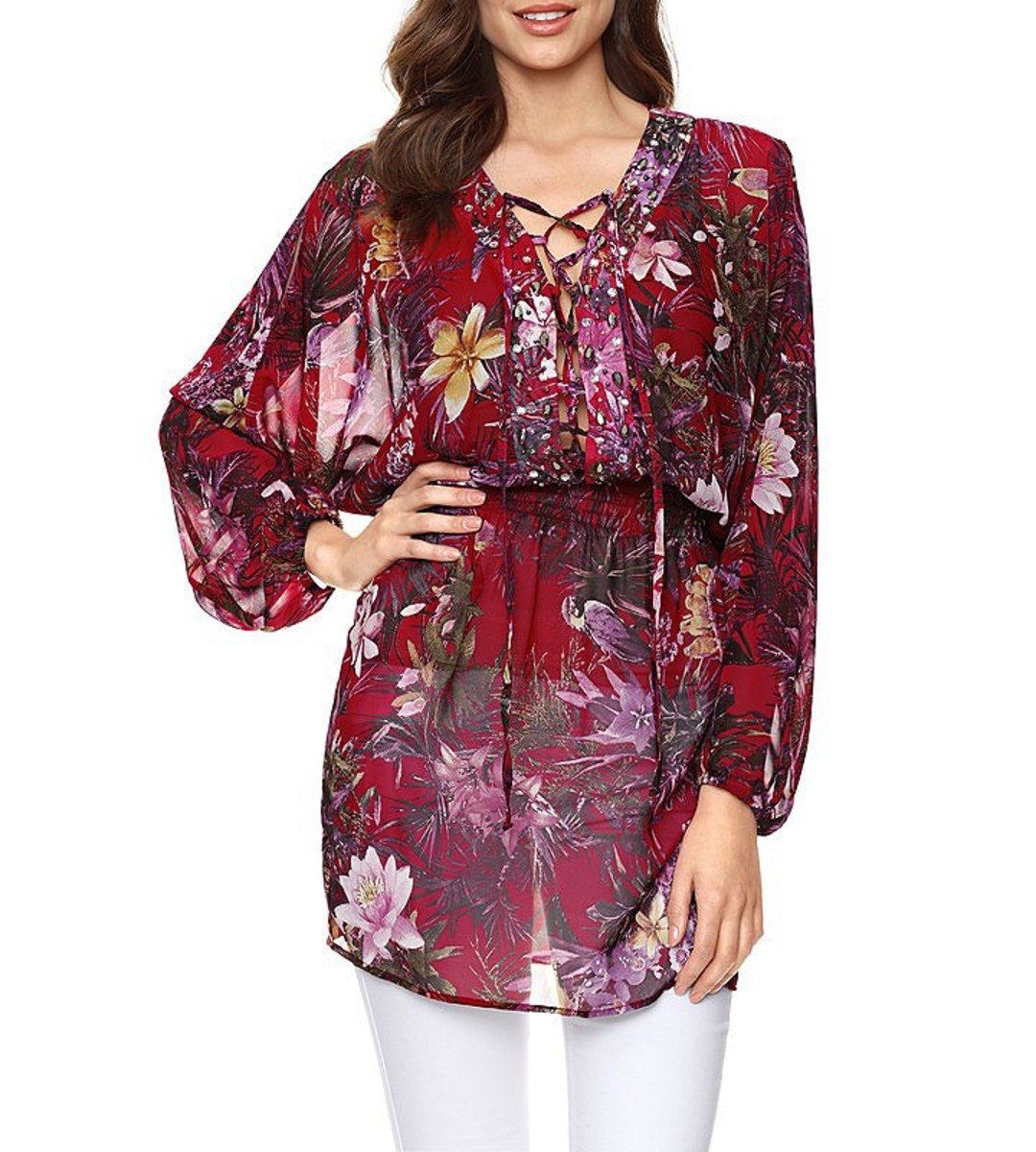 YESET Tunikashirt Drucktunika Tunika langarm Kleid Shirt Ziersteinen rot Gr. 38 193304