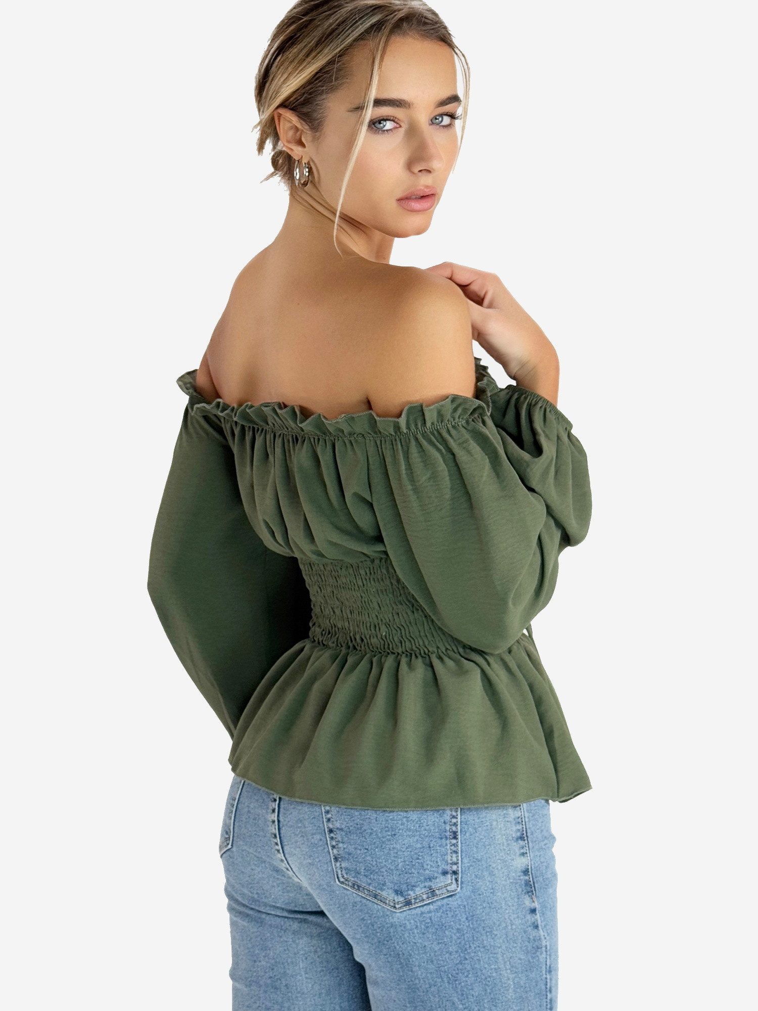 Elara Blusentop Damen Carmenbluse mit Schnürung, Smokbund und Ballonärmeln