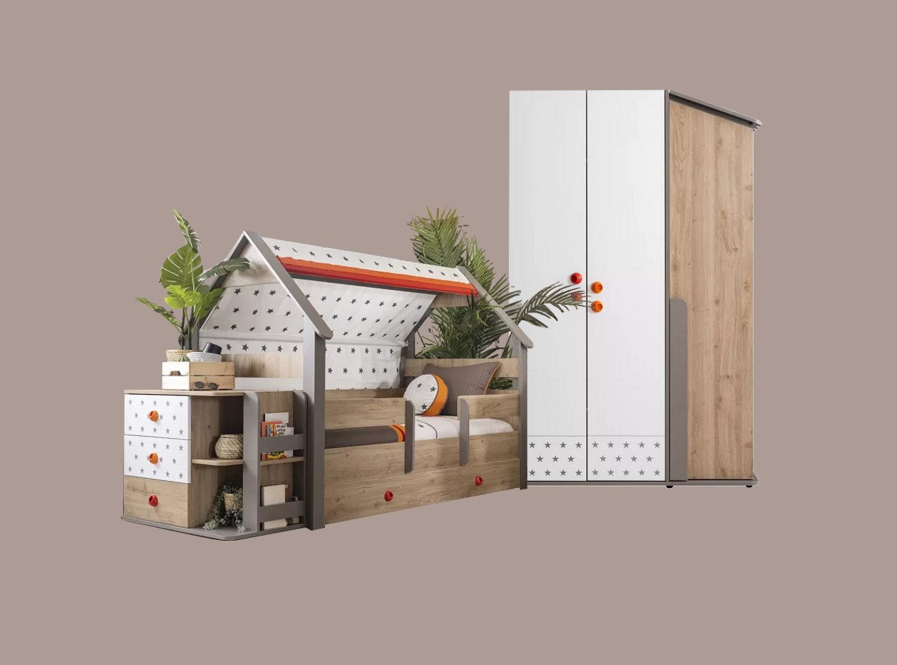 Möbel-Zeit Jugendzimmer-Set Kinderzimmer Set Hut mit Hausbett, 4-tlg